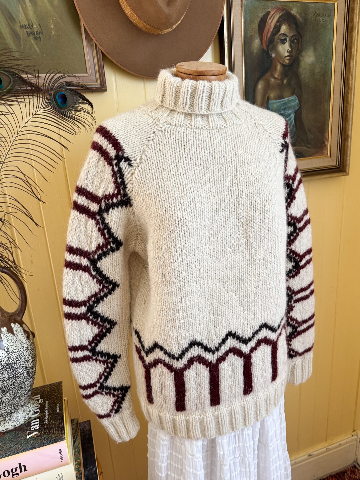 VINTAGE MALIKA INDIAN 100% WOOL MOTIF CHUNKY KNIT JUMPER S/M