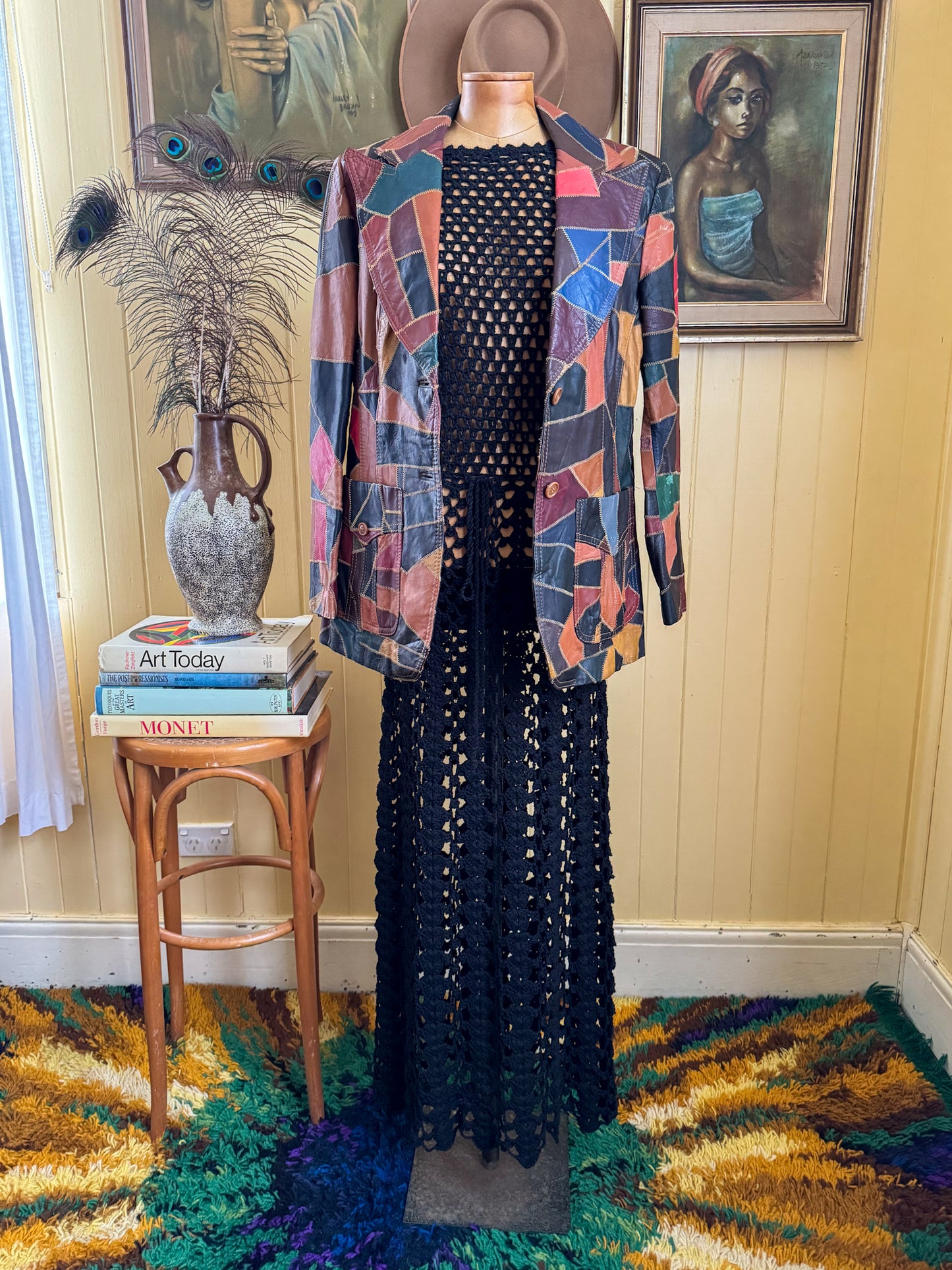 VINTAGE 1970S COTTON CROCHET OPEN WEAVE MAXI DRESS XS