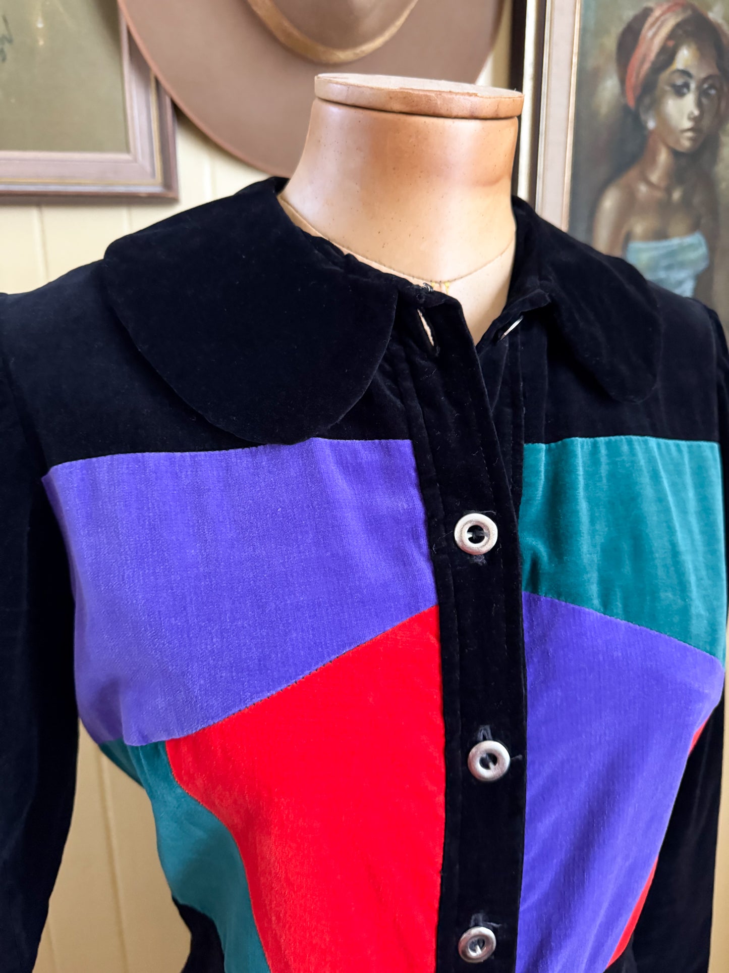 VINTAGE 1970S EMMA COTTON VELVET COLOUR BLOCK MINI DRESS S