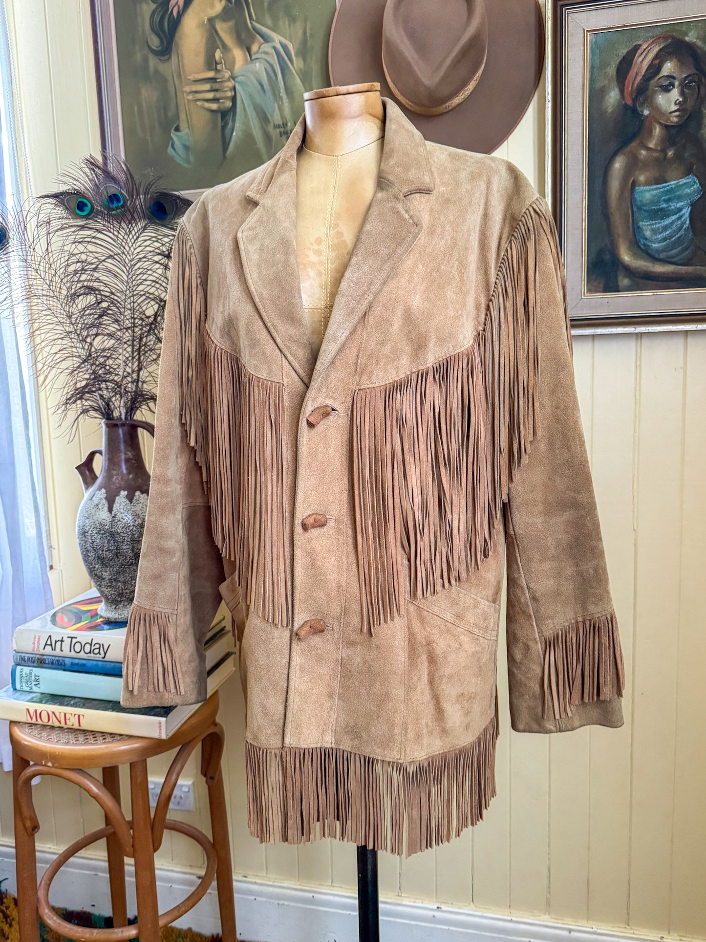 VINTAGE 1980S PIONEER WEAR SUEDE FRINGED WESTERN JACKET XL