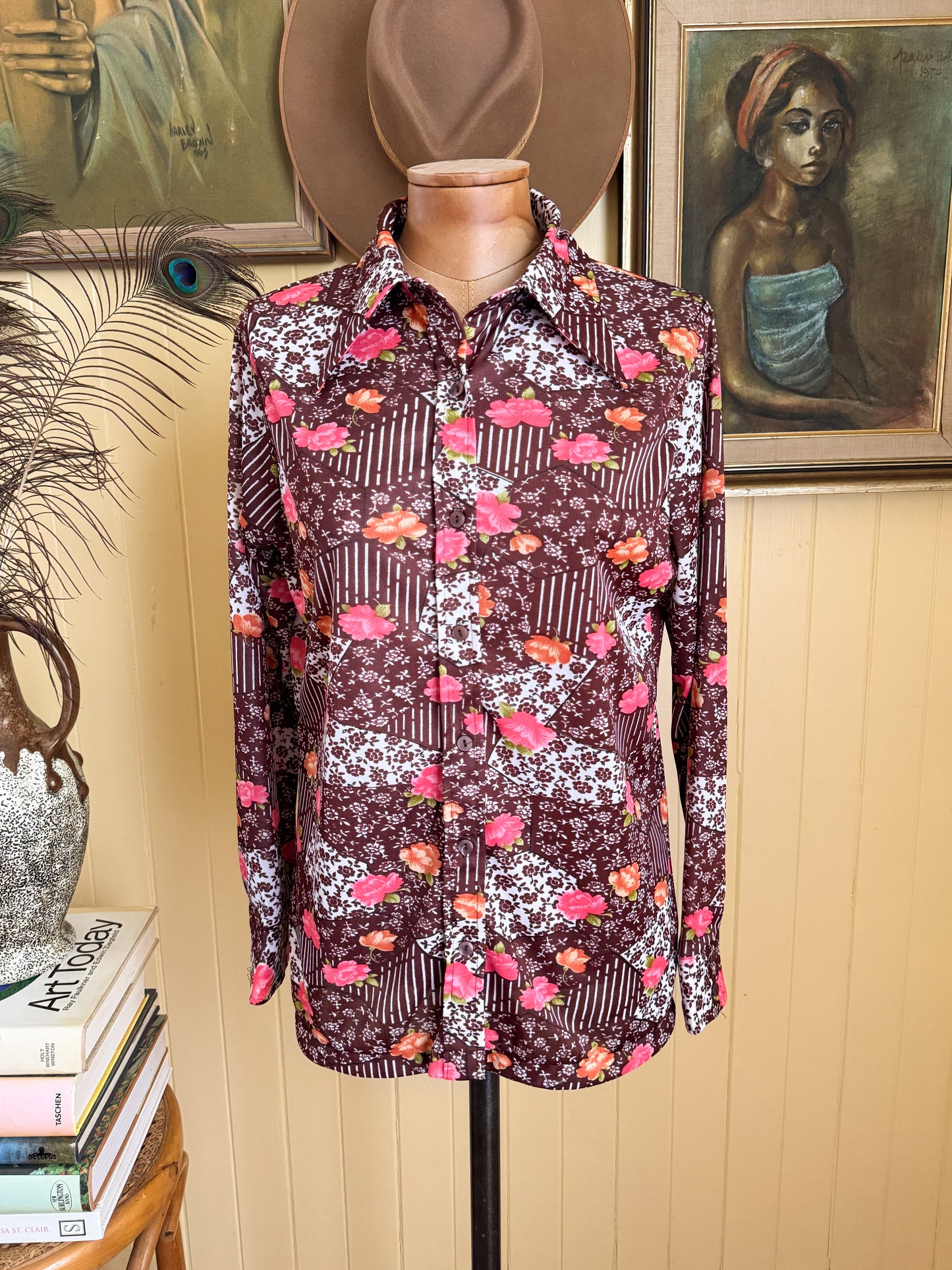 VINTAGE 1970S KOREAN LUCKY PIERRE FLORAL PRINT POLY BODY SHIRT M