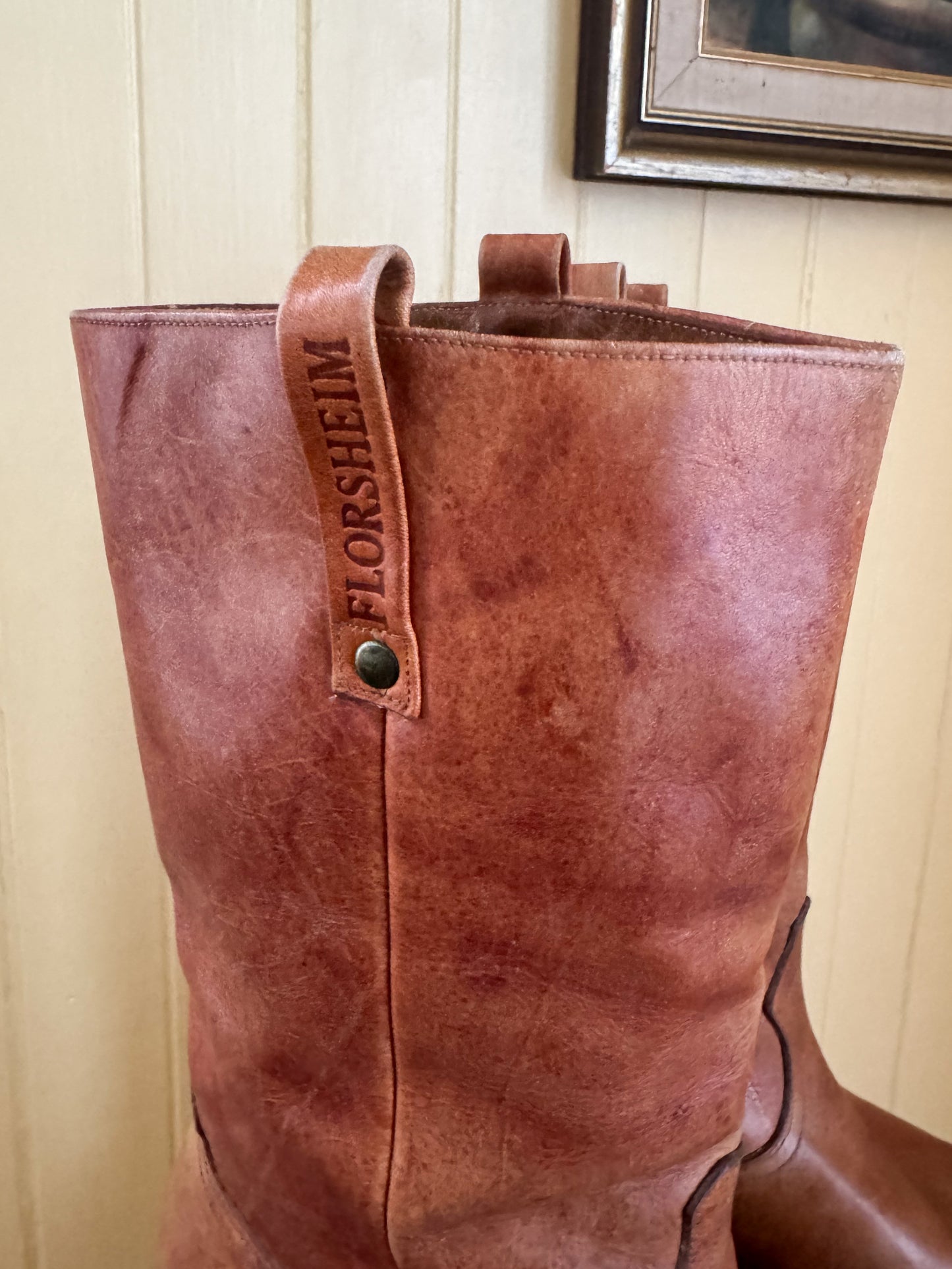 VINTAGE UNISEX FLORSHEIM MID CALF CAMPUS TAN LEATHER CUBAN HEEL BOOTS 10.5-11 W/8.5 M