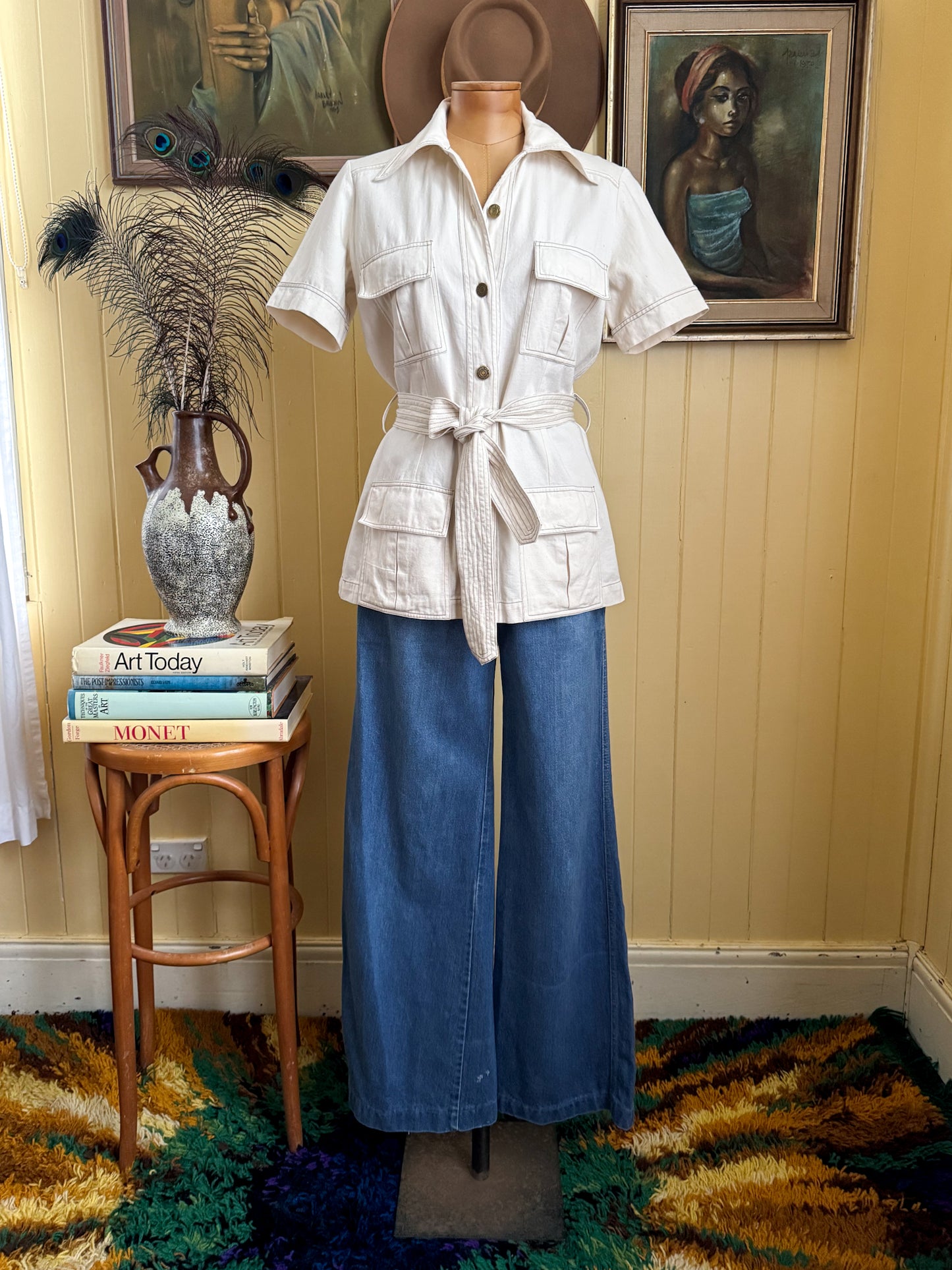 VINTAGE 1970S OFF WHITE COTTON DRILL FITTED SAFARI SHIRT JACKET S/M