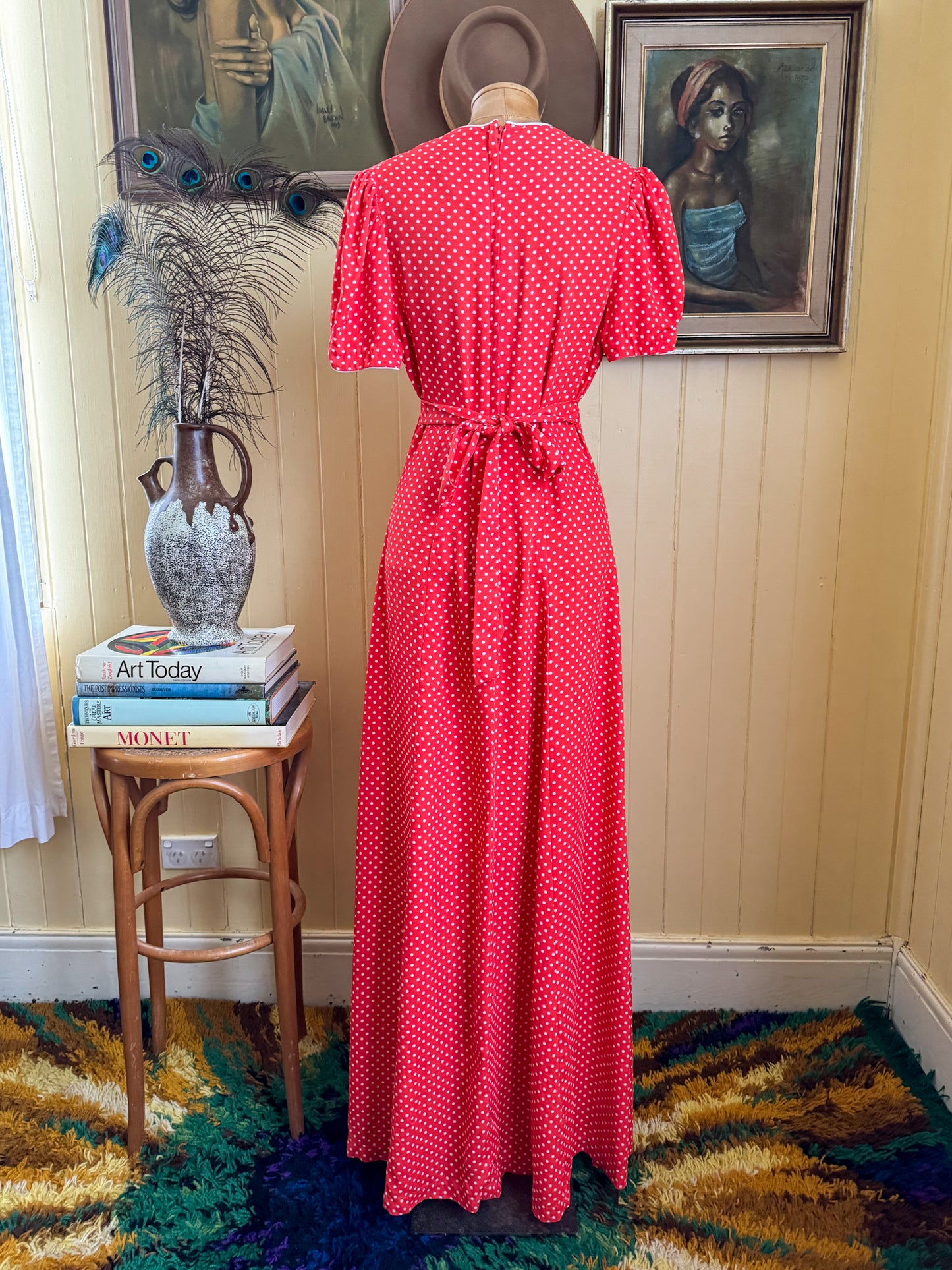 VINTAGE 1970S I-SPY POLY RED POLKA DOT PRINT MAXI DRESS S