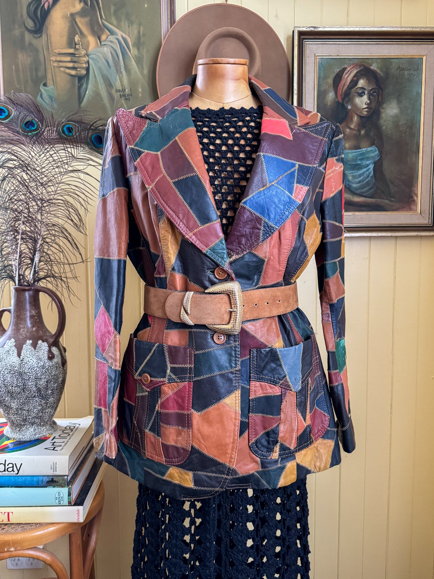 VINTAGE 1970S THE TANNERY KOREAN PATCHWORK LEATHER BLAZER JACKET M