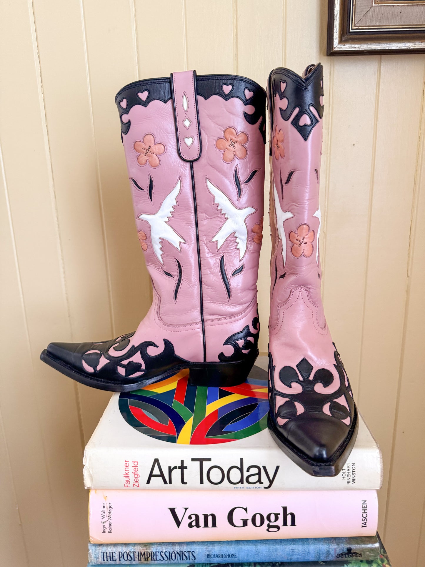 VINTAGE RARE RANCHO MEXICAN INLAY PINK LEATHER WESTERN BOOTS 7-7.5/37.5-38