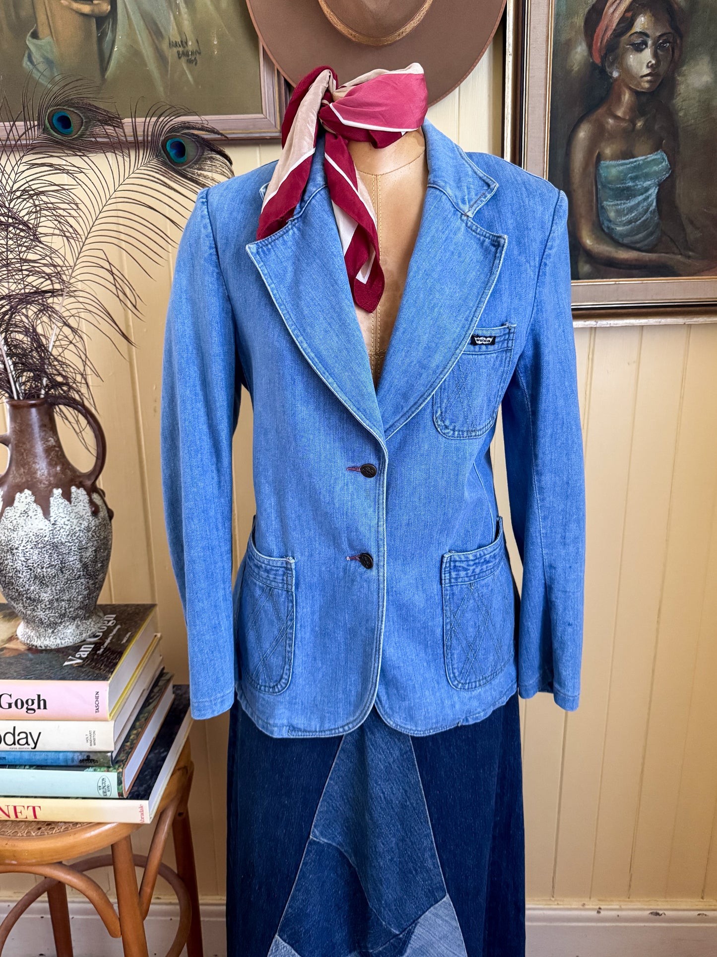 VINTAGE 1970S WALCO COTTON DENIM FITTED BLAZER JACKET S/M