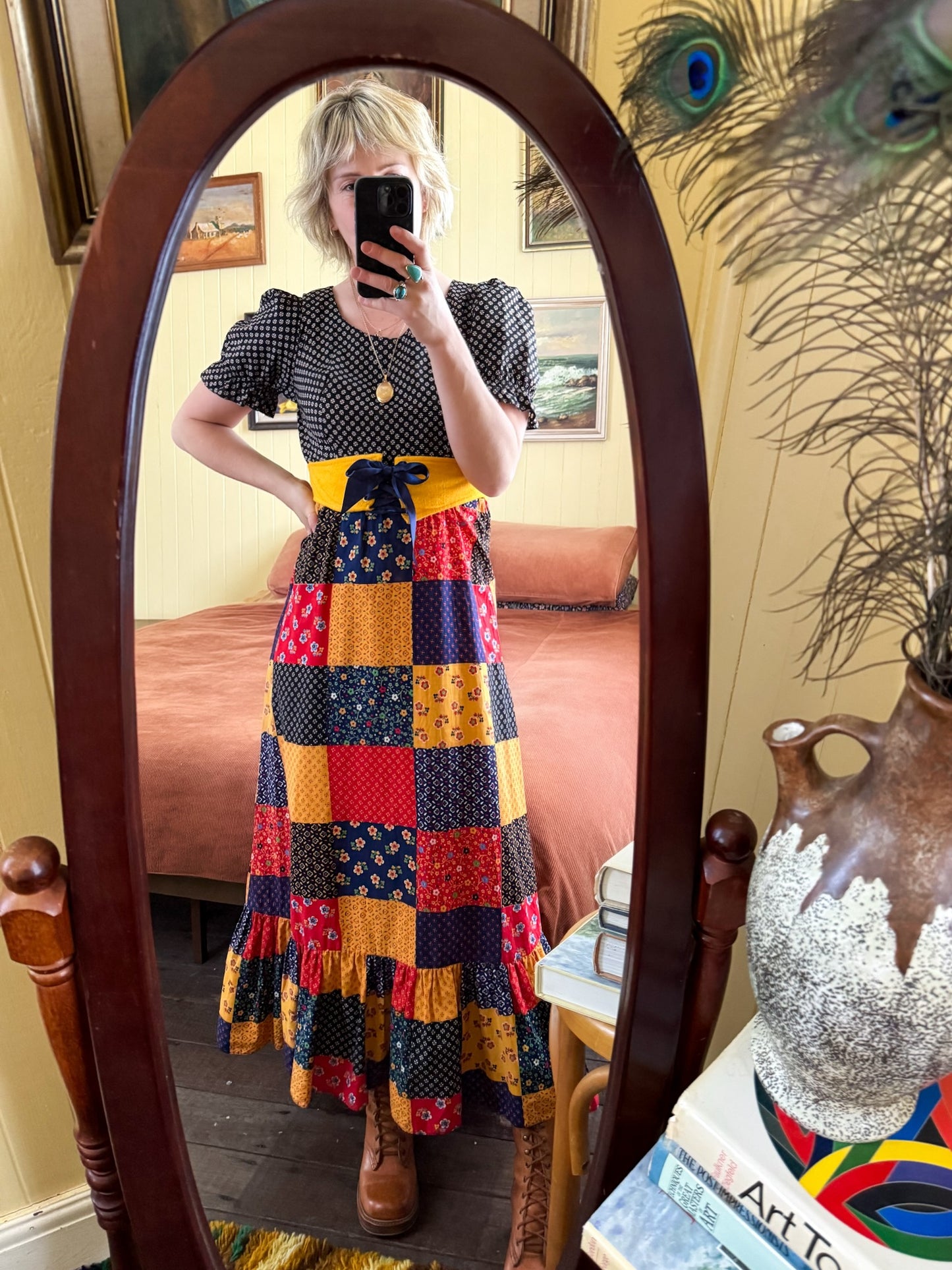VINTAGE 1970S BINDI OF MELBOURNE COTTON PATCHWORK MAXI PRAIRIE DRESS XS/S