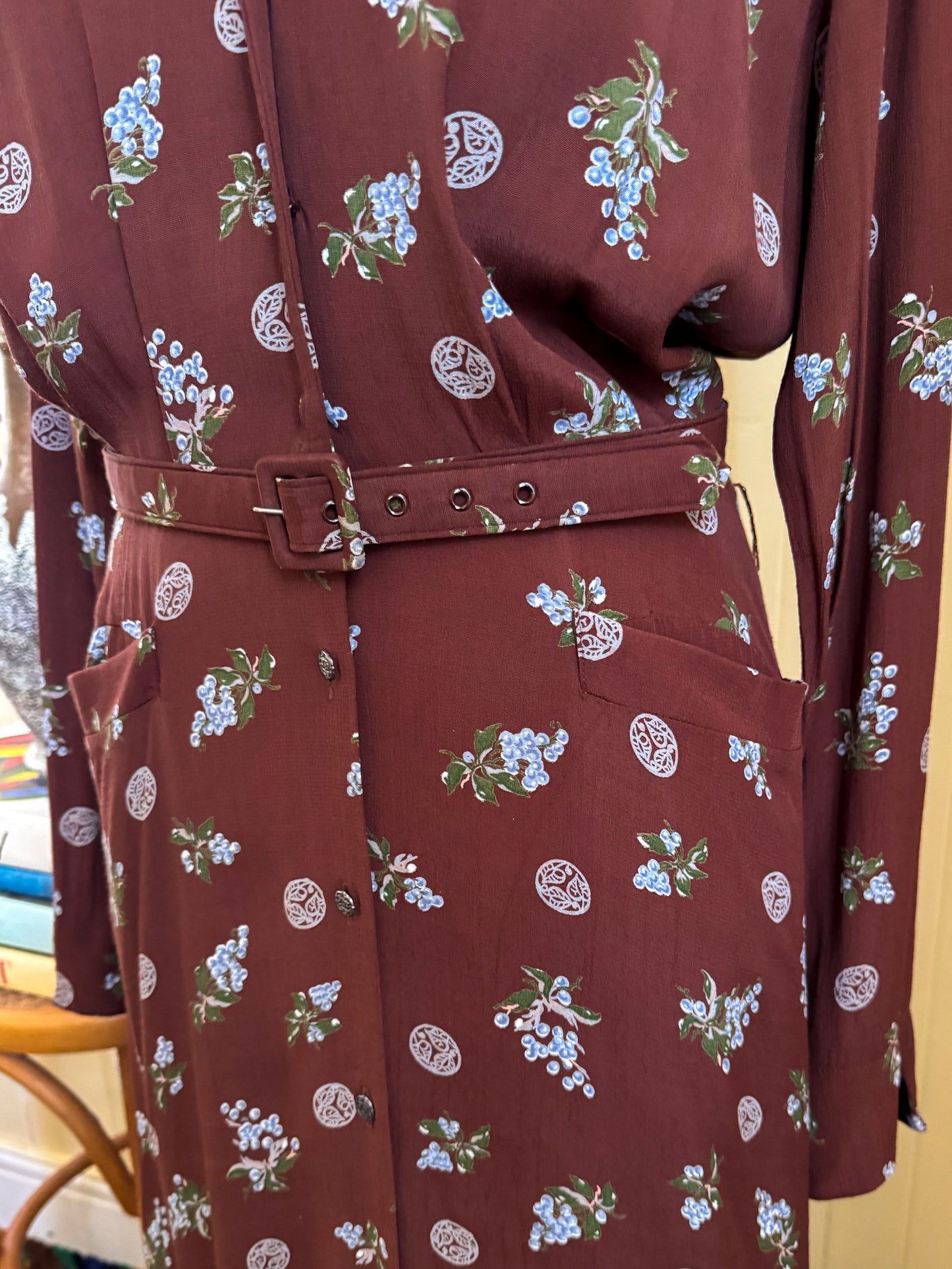 VINTAGE 1970S GAIL GARNER COLD RAYON FLORAL PRINT MAXI SHIRT DRESS M/L