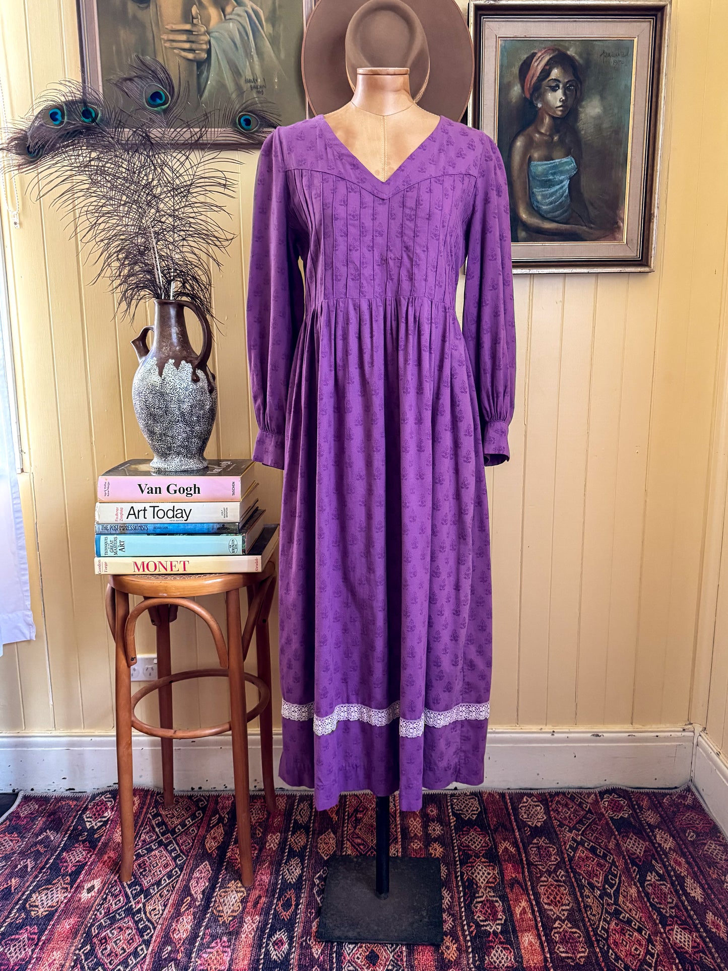 VINTAGE 1970S LAURA ASHLEY WALES COTTON PRAIRIE MODIFIED MIDI DRESS M
