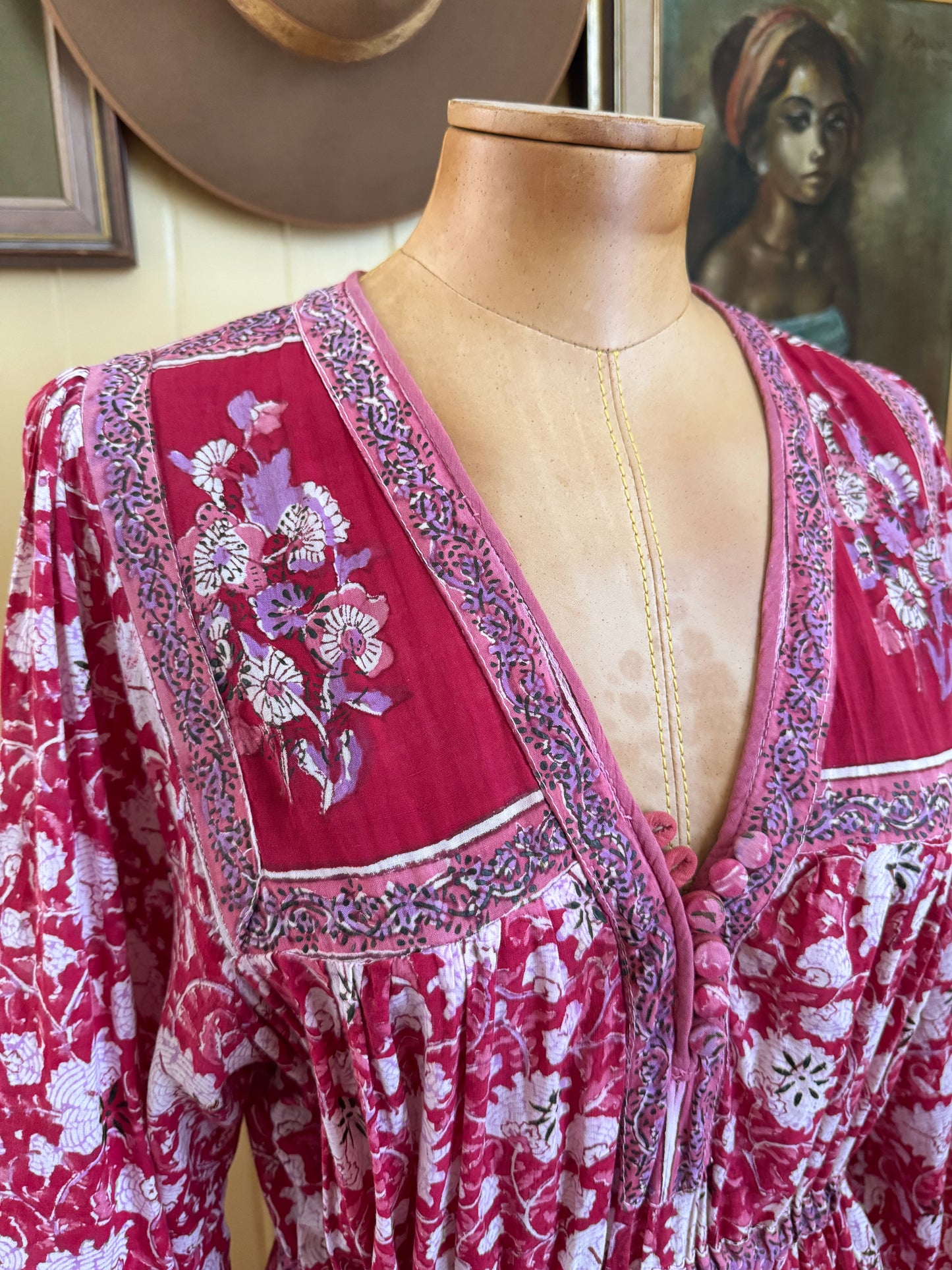 VINTAGE 1970S RARE INTERLINKS INDIAN COTTON GAUZE BLOCK PRINT MIDI DRESS M/L