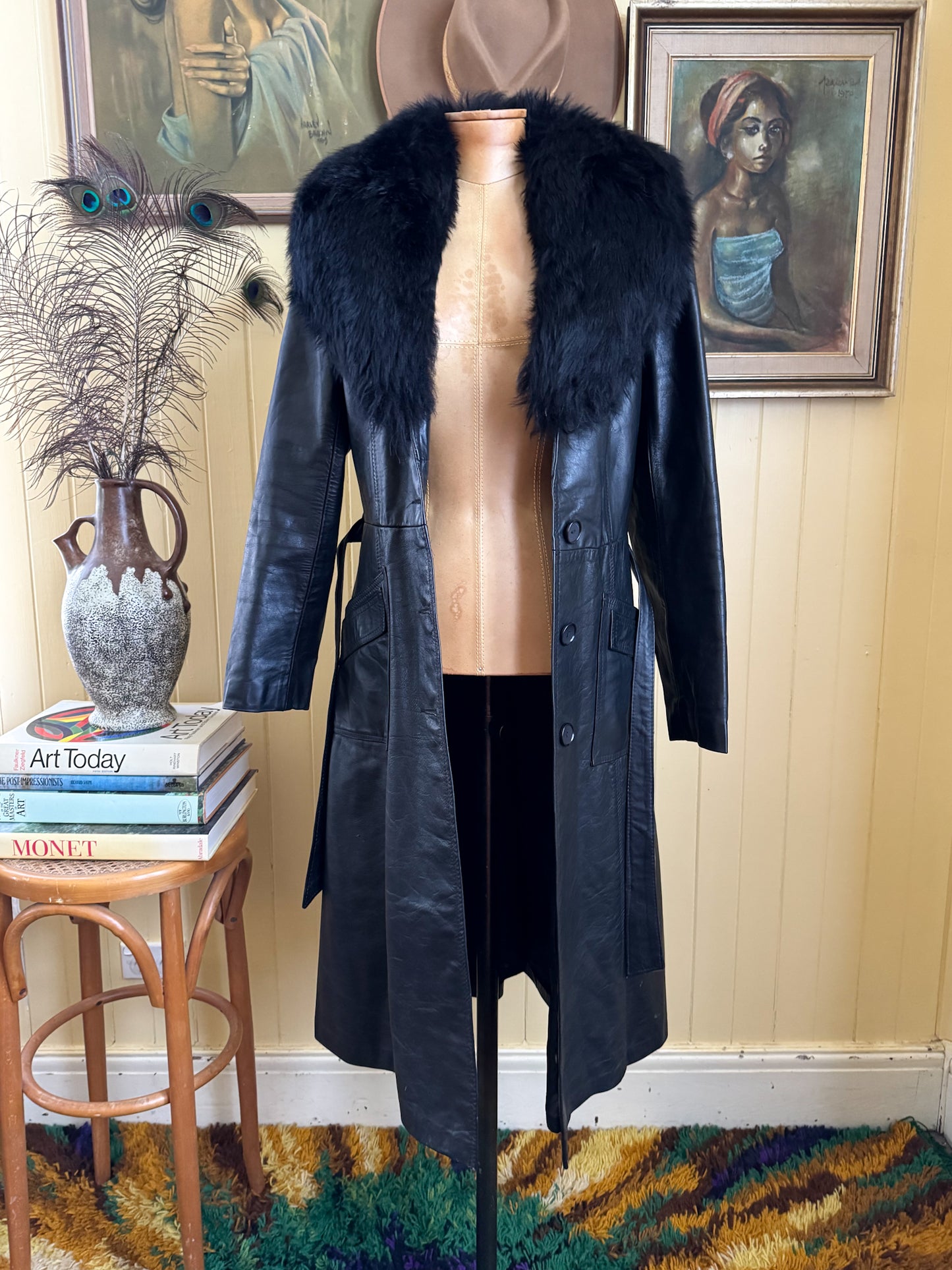 VINTAGE 1970S BLACK LEATHER PENNY LANE LONG SHEARLING COAT S