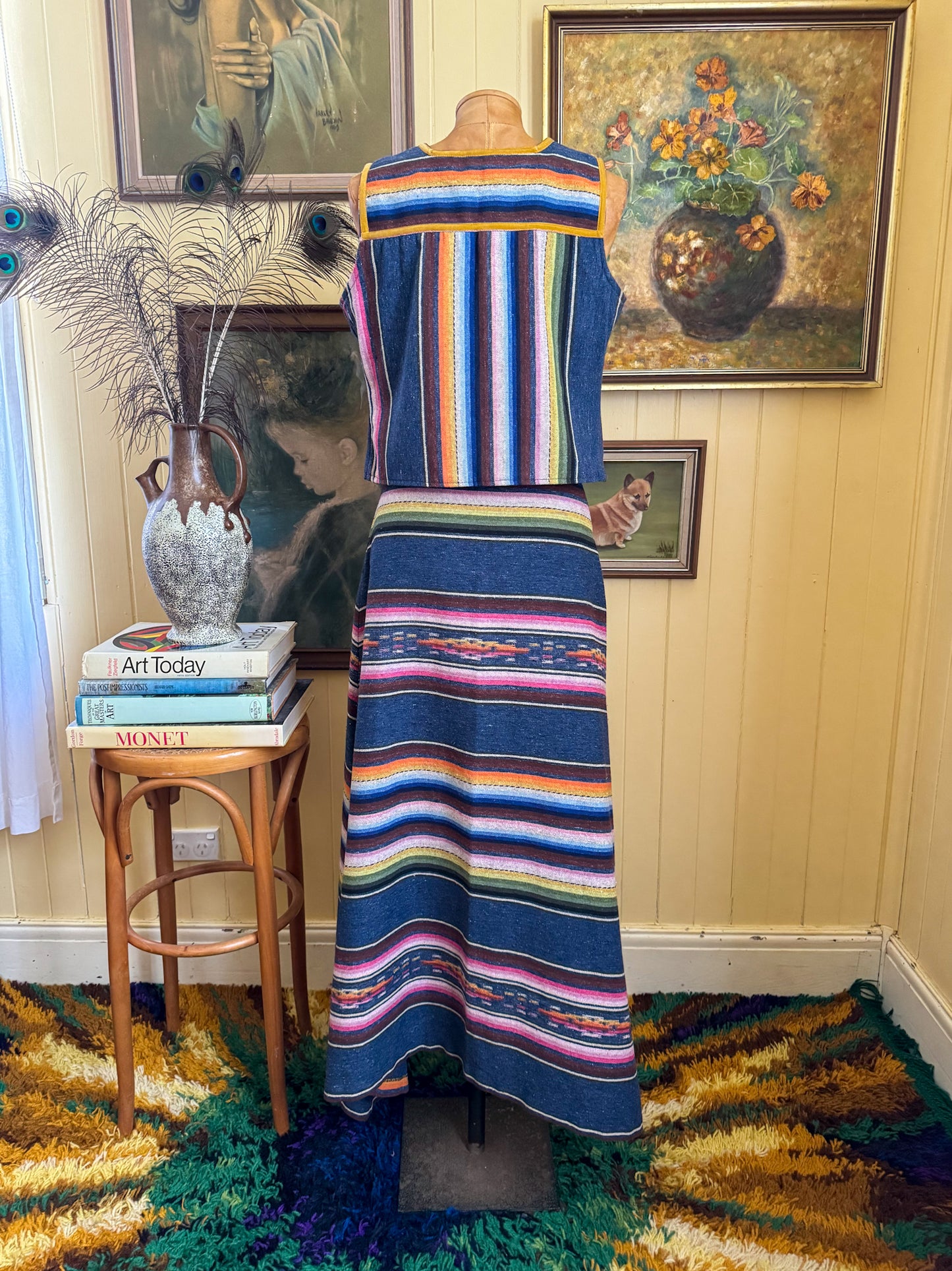 VINTAGE 1970S DANISH KILIM PRINT TWO PIECE TOP + MAXI SKIRT SET S