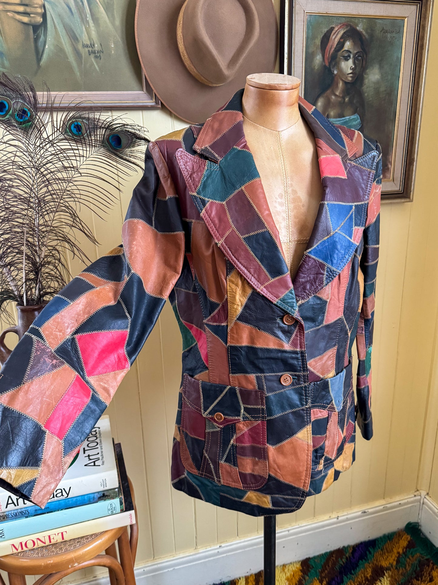 VINTAGE 1970S THE TANNERY KOREAN PATCHWORK LEATHER BLAZER JACKET M