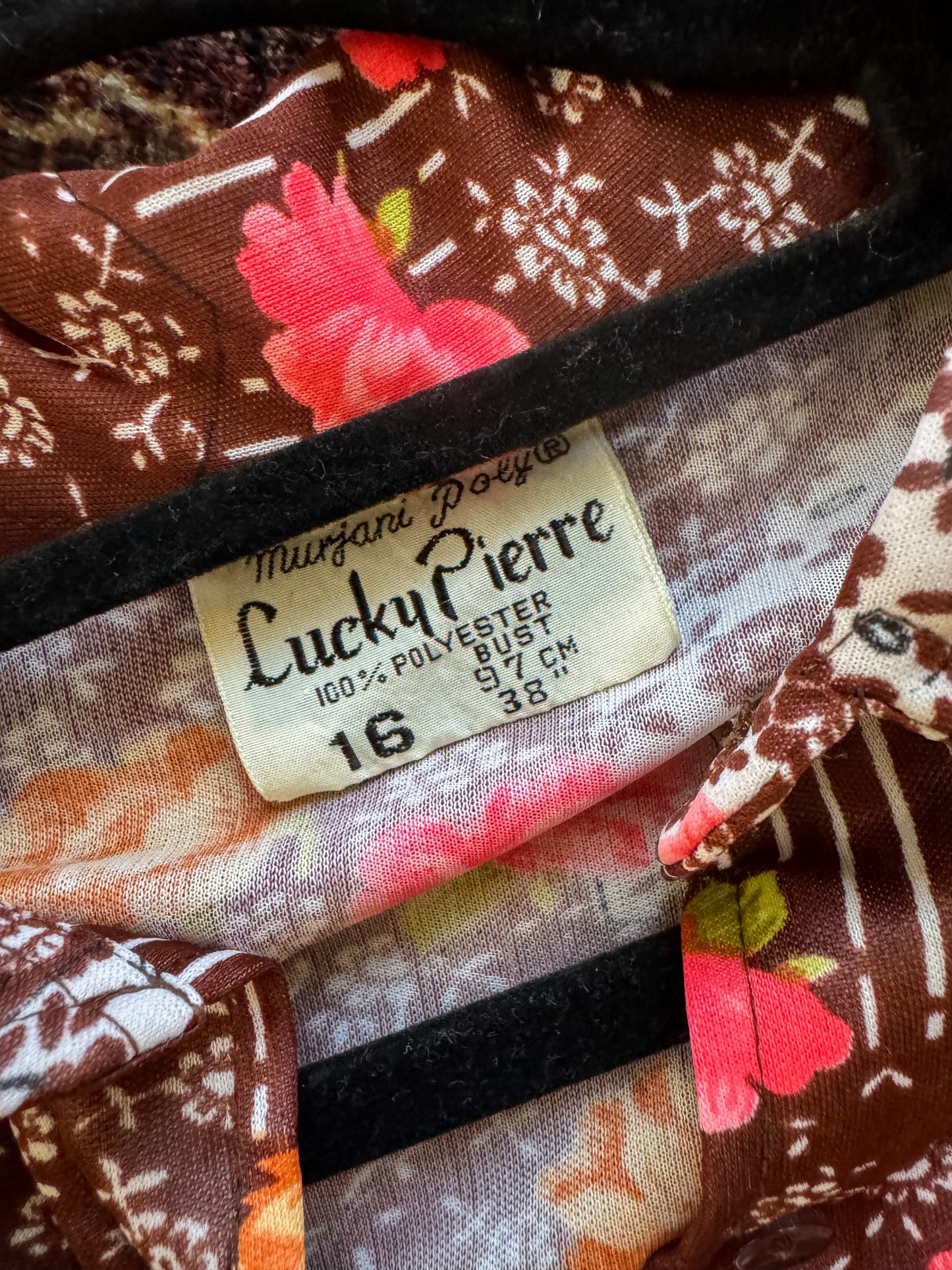VINTAGE 1970S KOREAN LUCKY PIERRE FLORAL PRINT POLY BODY SHIRT M