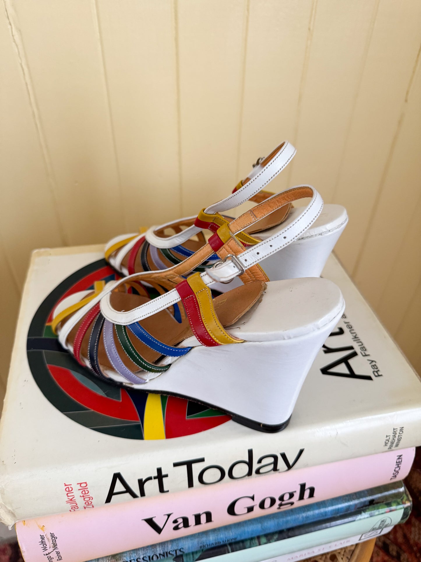 VINTAGE RARE PRUE ACTON RAINBOW LEATHER WEDGE HEELED SANDALS 6