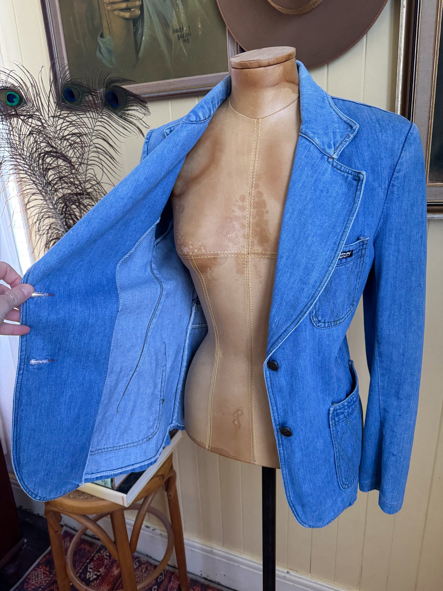 VINTAGE 1970S WALCO COTTON DENIM FITTED BLAZER JACKET S/M