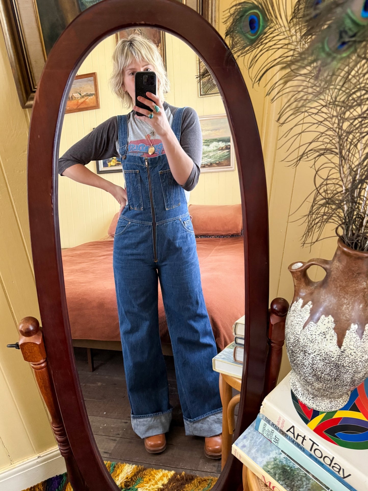 VINTAGE 1970S HASH COTTON DENIM WIDE LEG DUNGAREES OVERALLS M