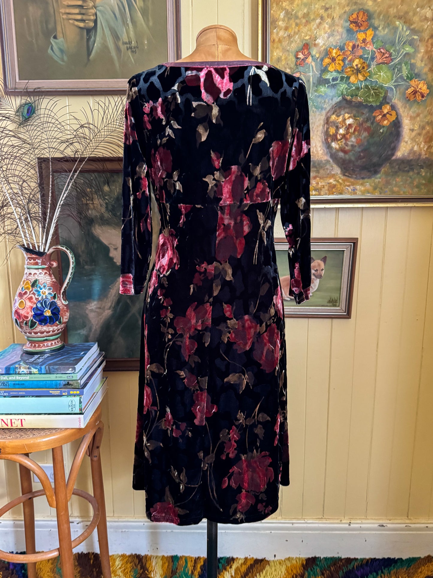 VINTAGE 1990S VELVET FLORAL PRINT BURNOUT RIBBON TRIM MIDI DRESS S/M