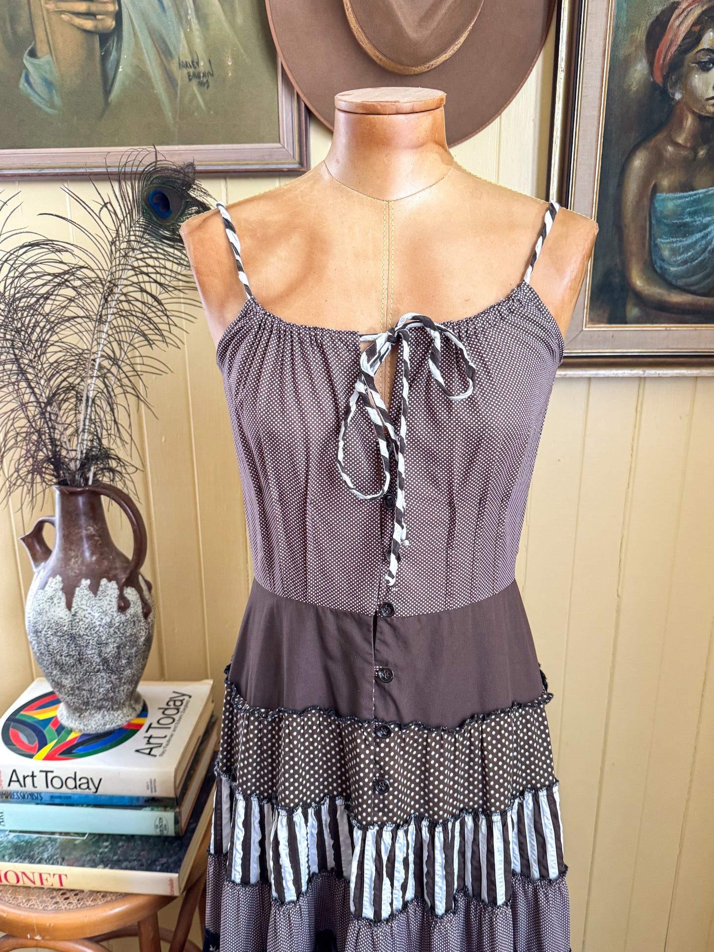 VINTAGE 1970S PRUE ACTON COTTON PATCHWORK TIERED MIDI SUN DRESS S