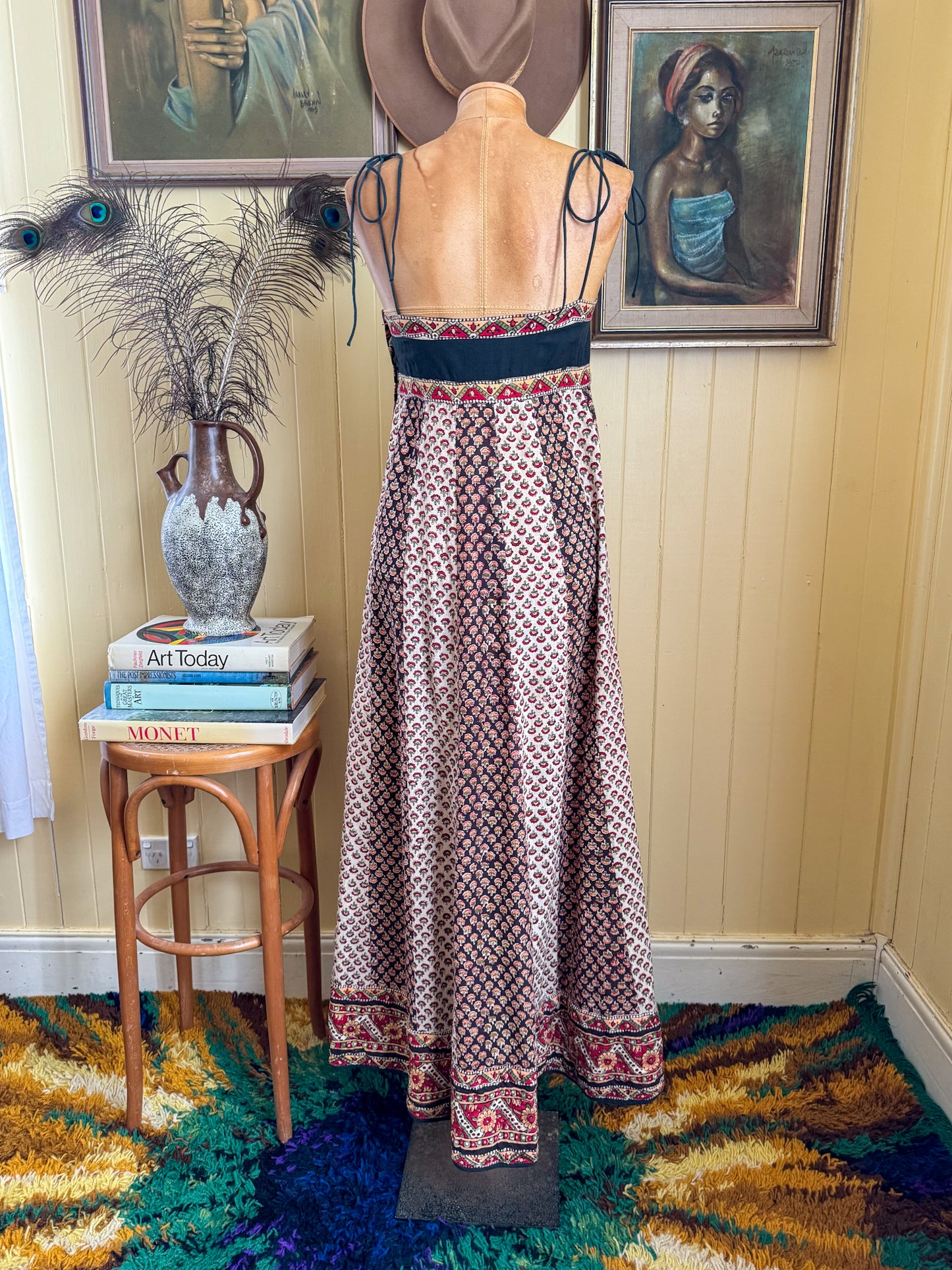 VINTAGE 1970S ANOKHI FOR MYRIAD INDIAN COTTON BLOCK PRINT STRAPPY MAXI DRESS XS