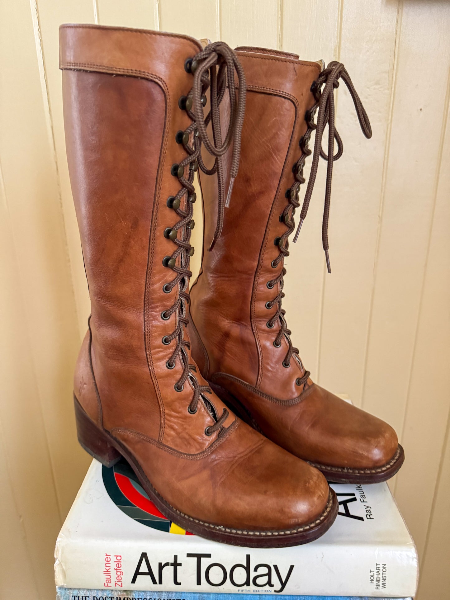 VINTAGE FRYE CAMPUS LEATHER MID CALF LACE UP BOOTS 10/41