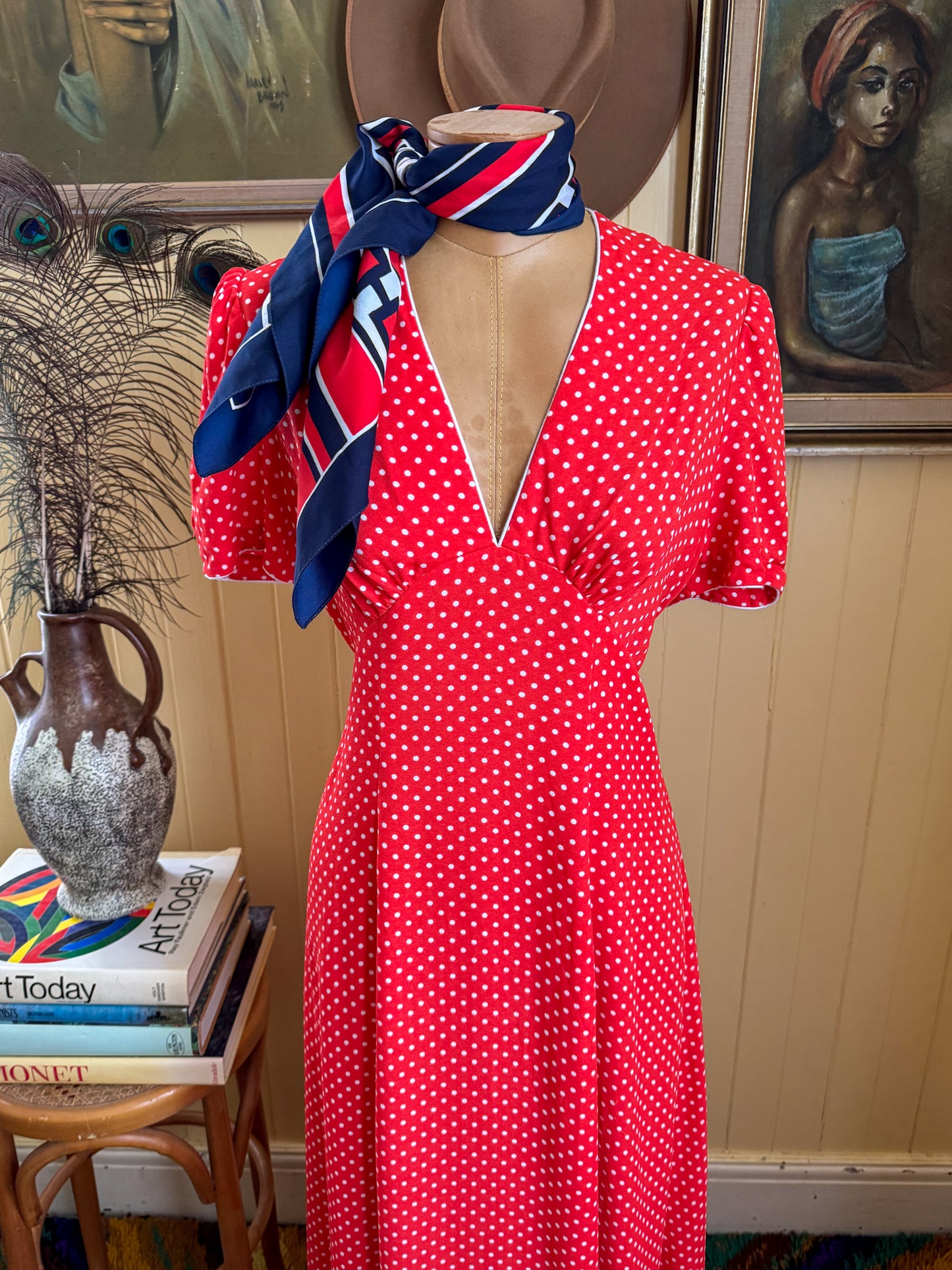 VINTAGE 1970S I-SPY POLY RED POLKA DOT PRINT MAXI DRESS S
