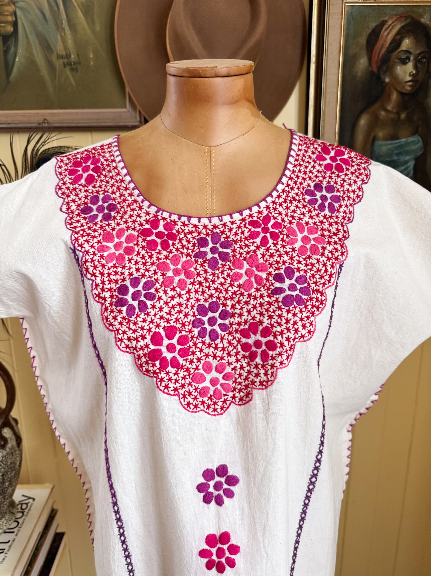 HANDMADE MEXICAN NATURAL COTTON EMBROIDERED HUIPIL TOP L/XL