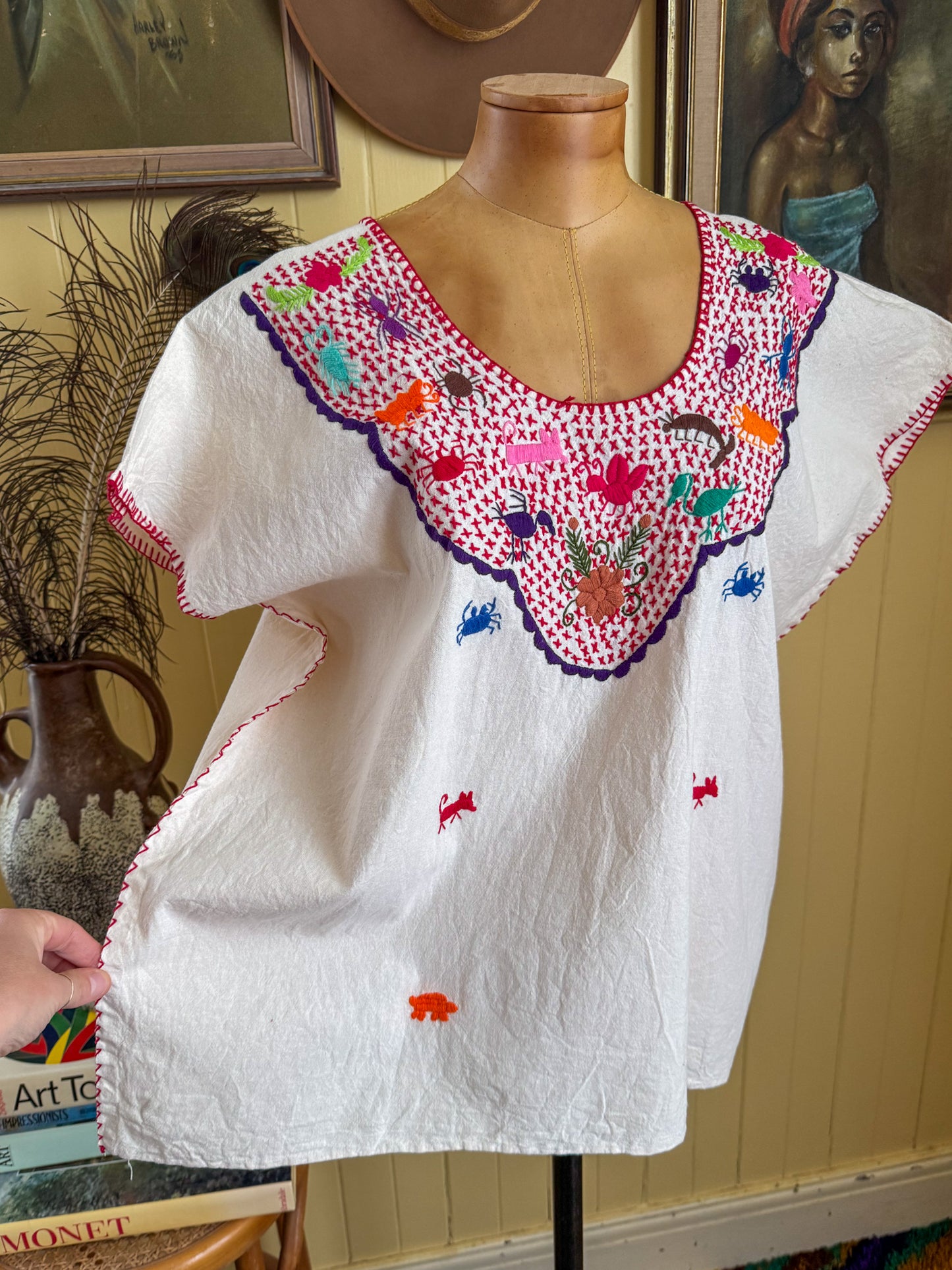 HANDMADE MEXICAN NATURAL COTTON EMBROIDERED HUIPIL TOP L/XL