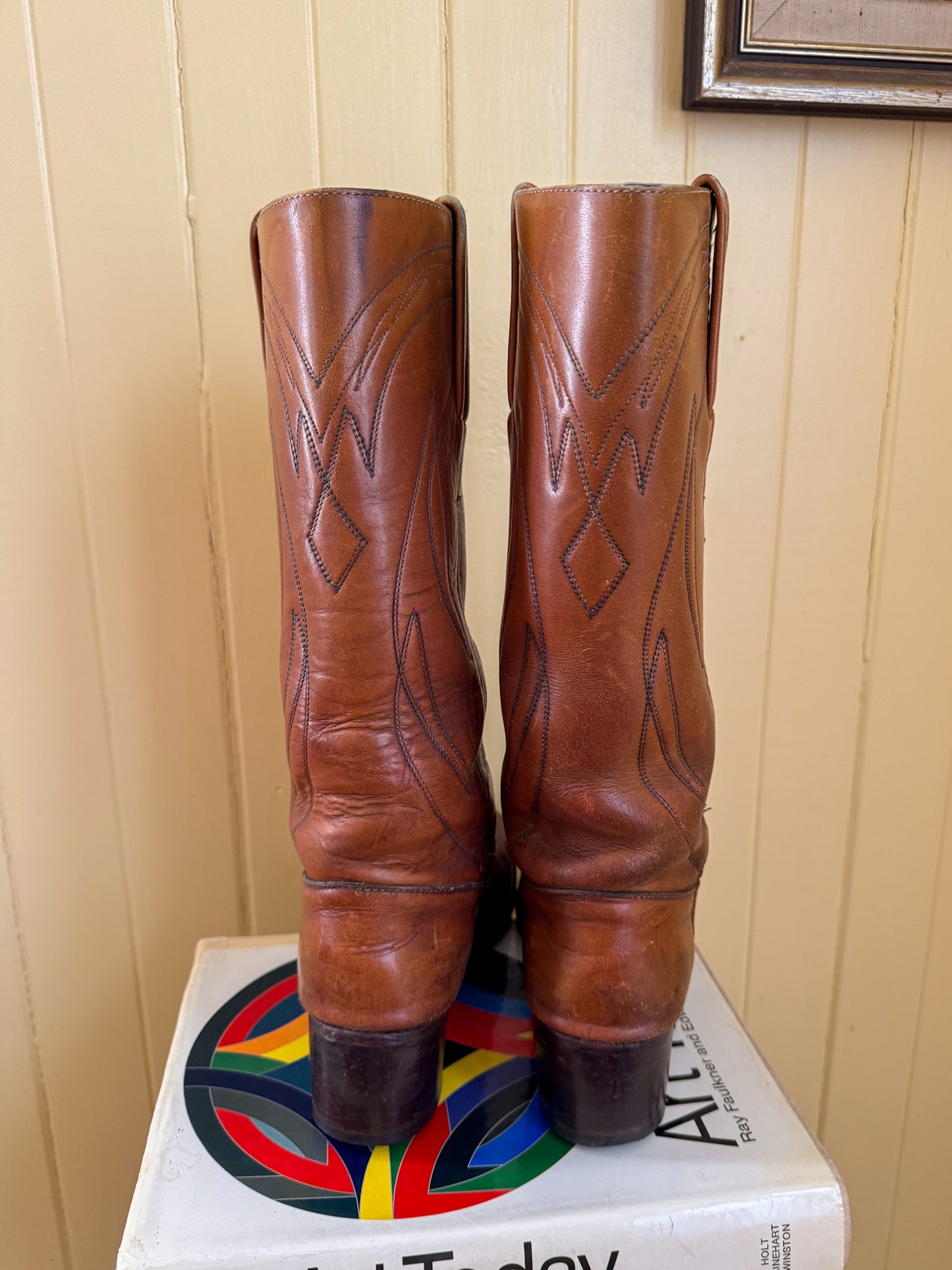 VINTAGE 1970S RARE FRYE BLACK LABEL CAMPUS LEATHER TALL EMBROIDERED BOOTS 39/8.5