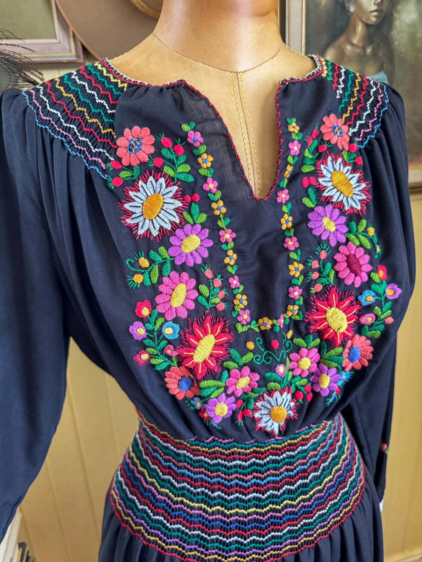 VINTAGE 1990S HUNGARIAN COTTON BLEND EMBROIDERED PEASANT MAXI DRESS S/M