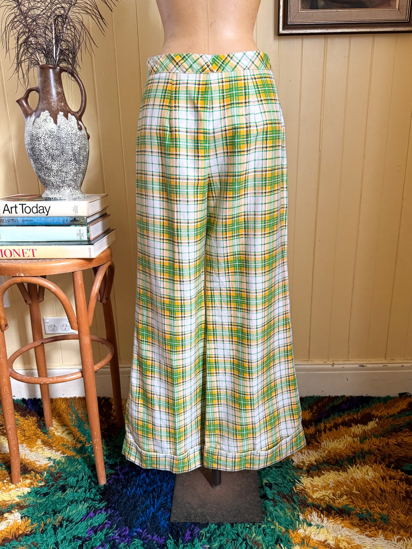 VINTAGE 1970S BRONSONS OF CALIFORNIA WOVEN PLAID WIDE LEG CUFFED PANTS M