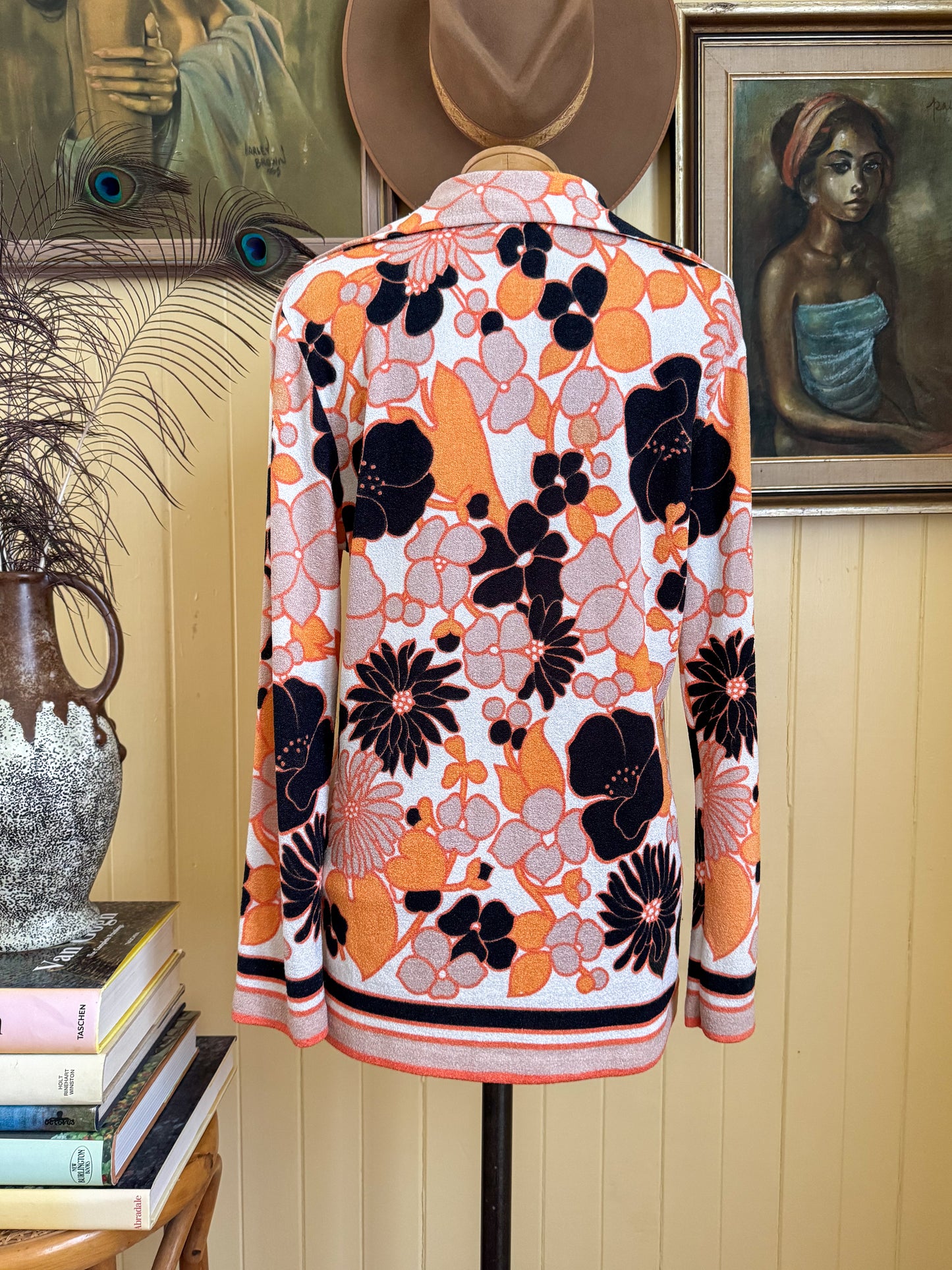 VINTAGE 1970S DOMONY PSYCHEDELIC PRINT COLLARED TUNIC TOP M/L
