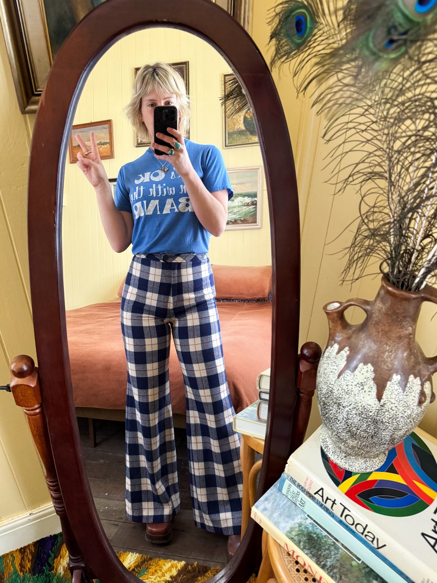VINTAGE 1970S SPORTSCRAFT PURE WOOL PLAID WIDE LEG FLARED PANTS S/M