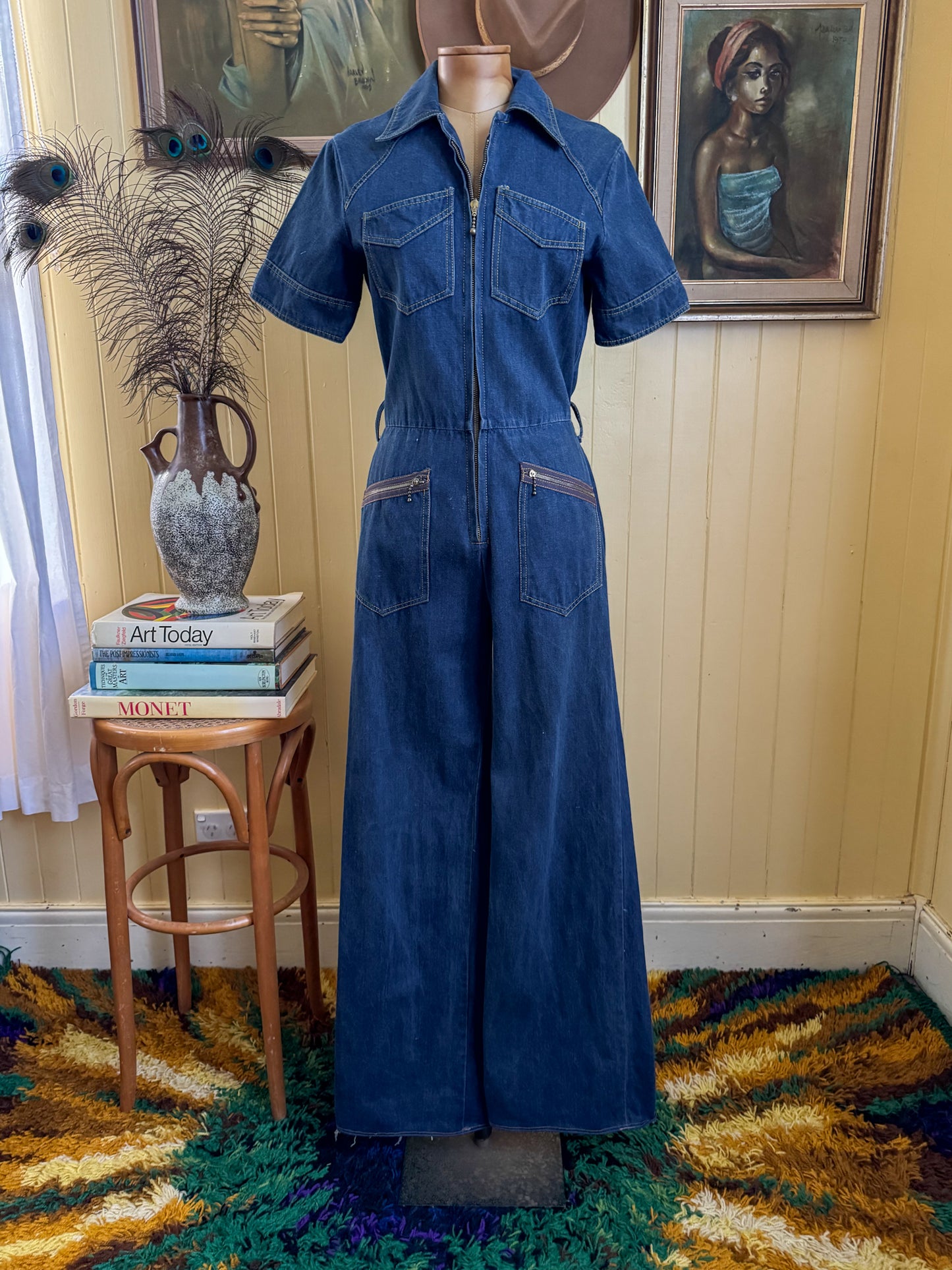 VINTAGE 1970S VADIM AUSTRALIAN COTTON DENIM WIDE LEG JUMPSUIT S/M