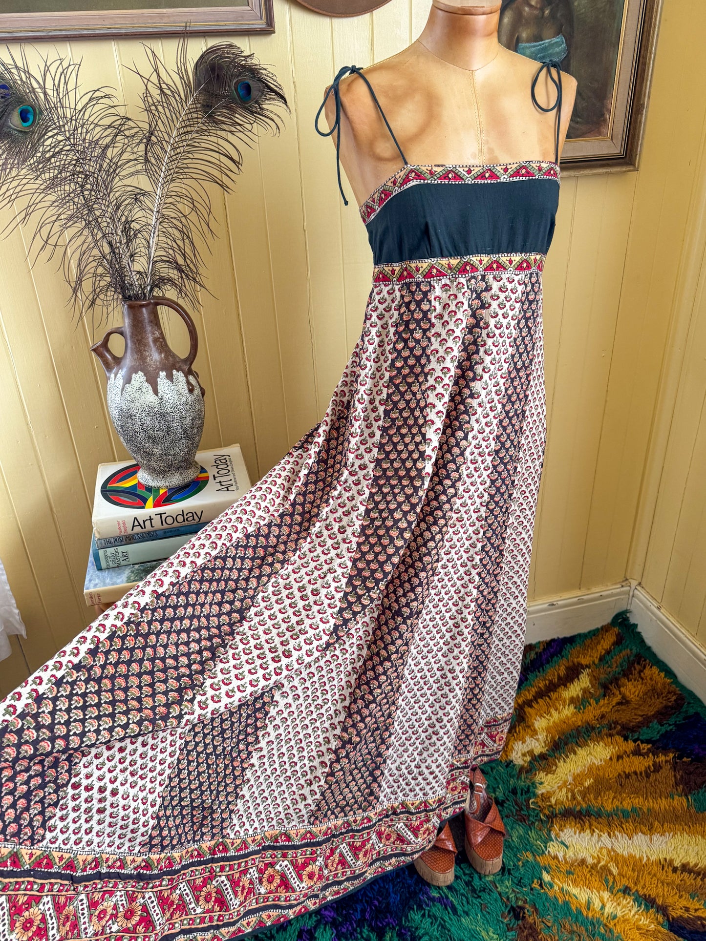 VINTAGE 1970S ANOKHI FOR MYRIAD INDIAN COTTON BLOCK PRINT STRAPPY MAXI DRESS XS