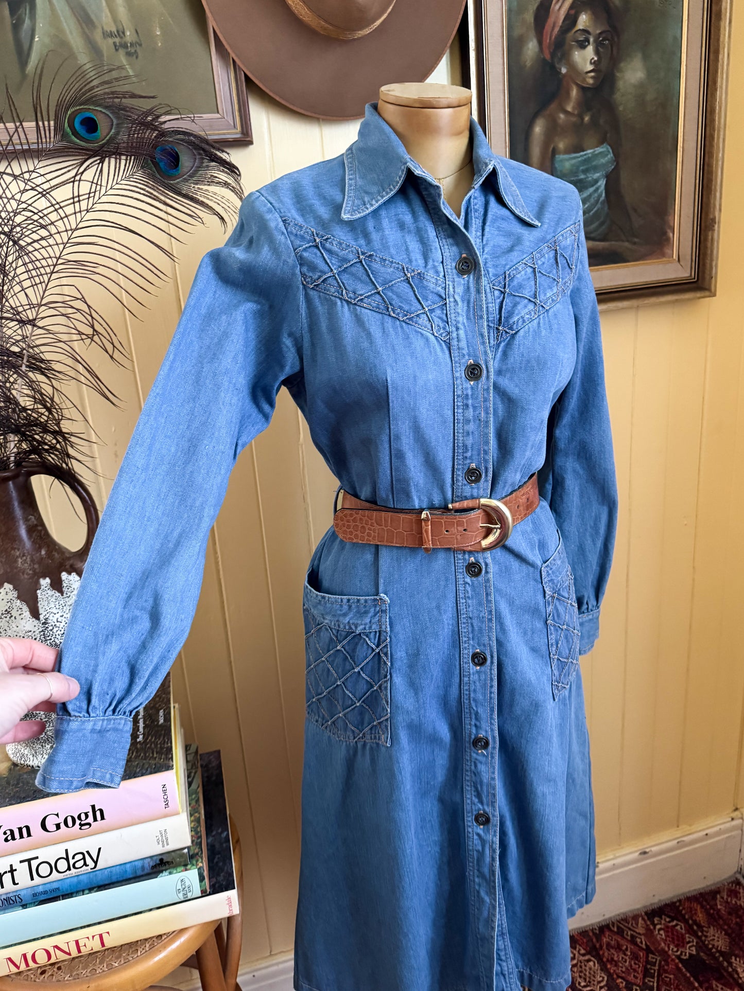 VINTAGE 1970S SUNDANCE COTTON DENIM BUTTON THROUGH MIDI SHIRT DRESS S
