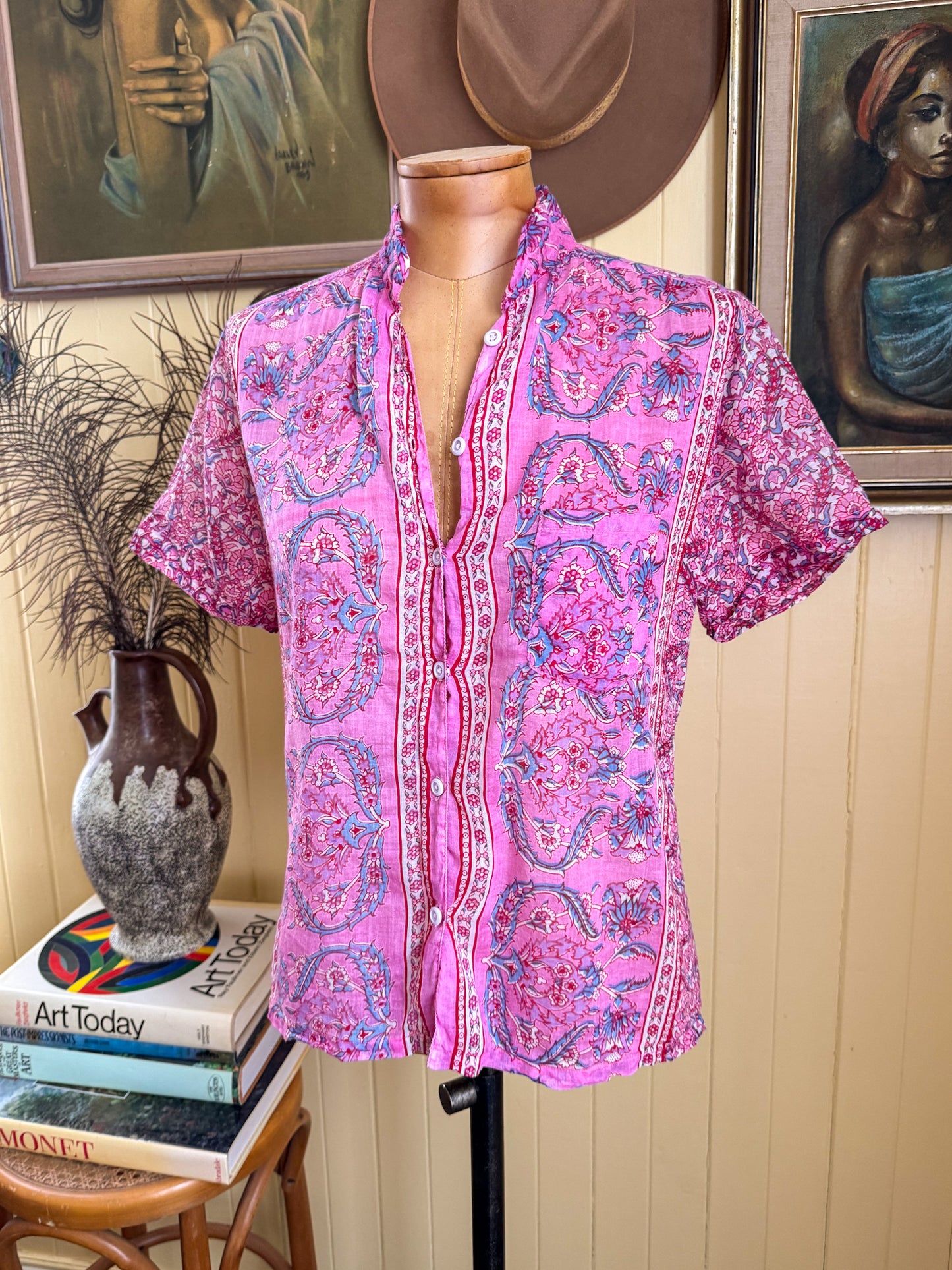 VINTAGE 1970S INDIAN COTTON GAUZE BUTTON UP PRINTED SHIRT S/M