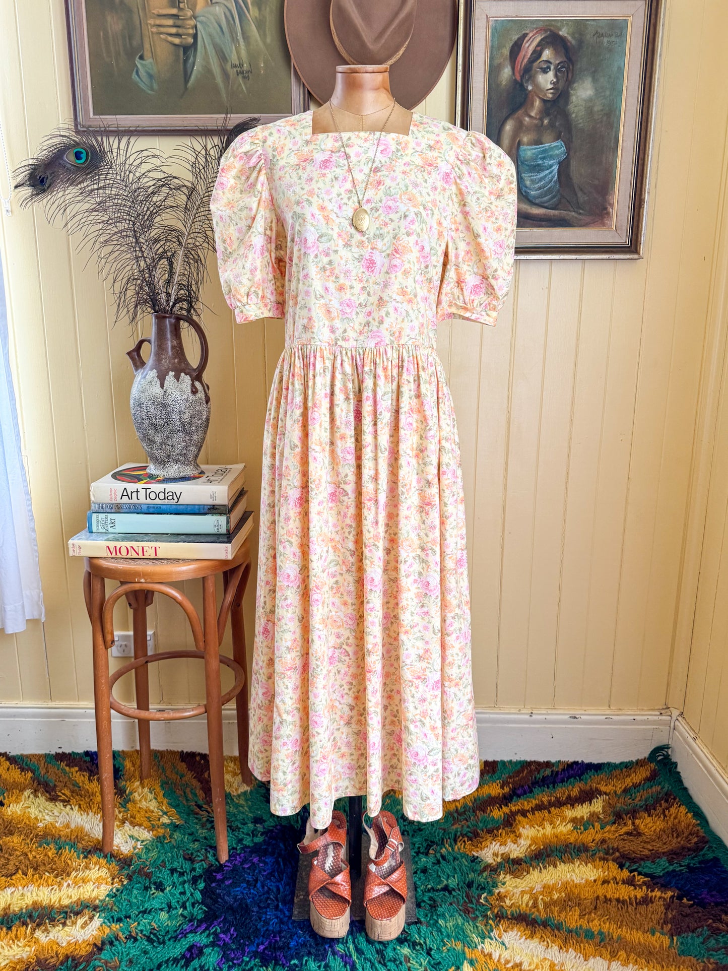 VINTAGE 1990S LAURA ASHLEY COTTON FLORAL PRINT PRAIRIE DRESS M/L
