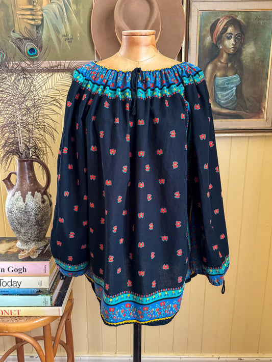 VINTAGE 1970S COTTON PRINTED FOLK PEASANT BLOUSE L