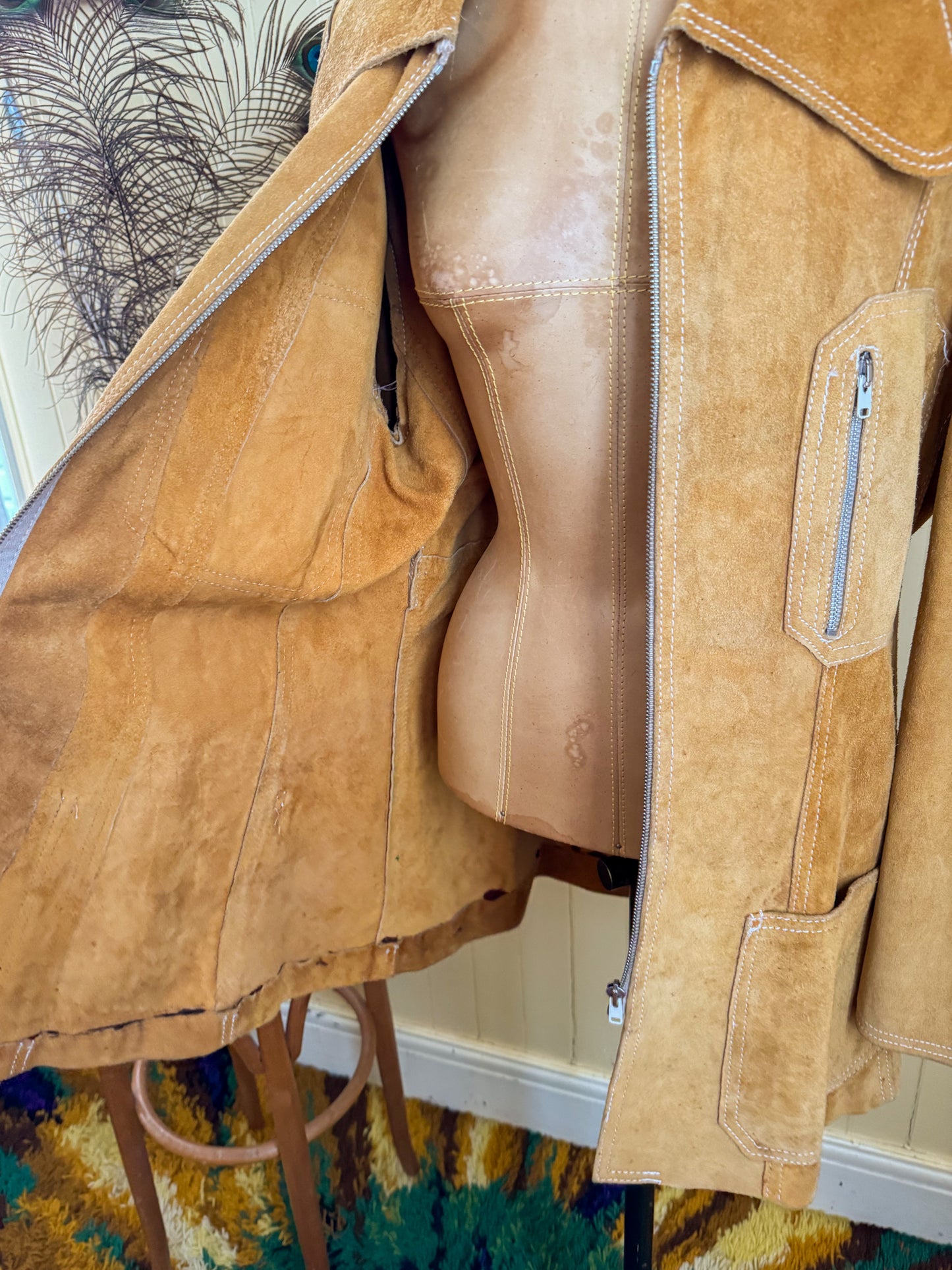 VINTAGE 1970S RAGE MUSTARD SUEDE LEATHER OVERSIZED COLLAR TAILORED JACKET L