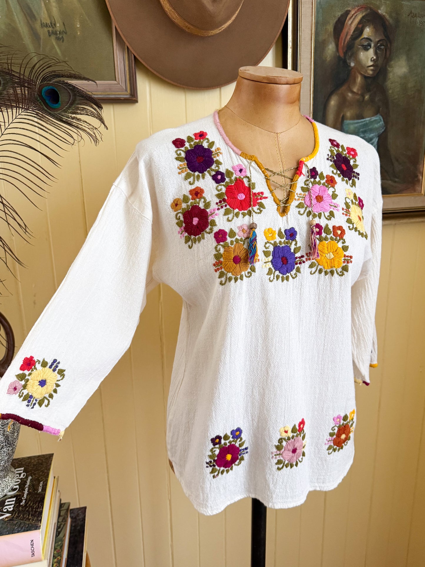 VINTAGE MEXICAN COTTON EMBROIDERED LONG SLEEVE FOLK BLOUSE S