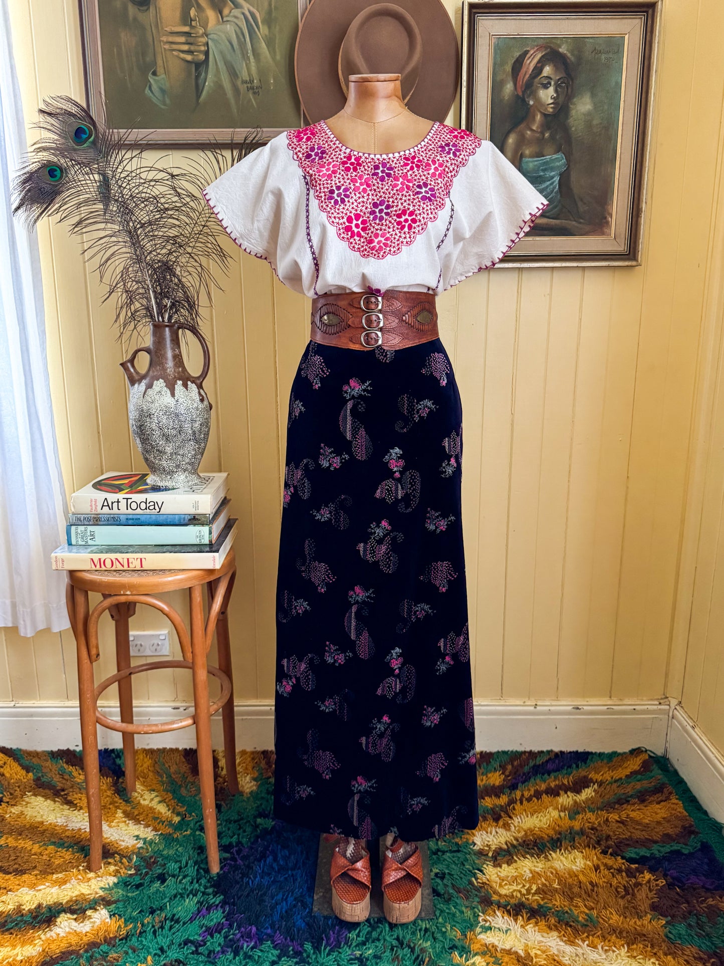 HANDMADE MEXICAN NATURAL COTTON EMBROIDERED HUIPIL TOP L/XL