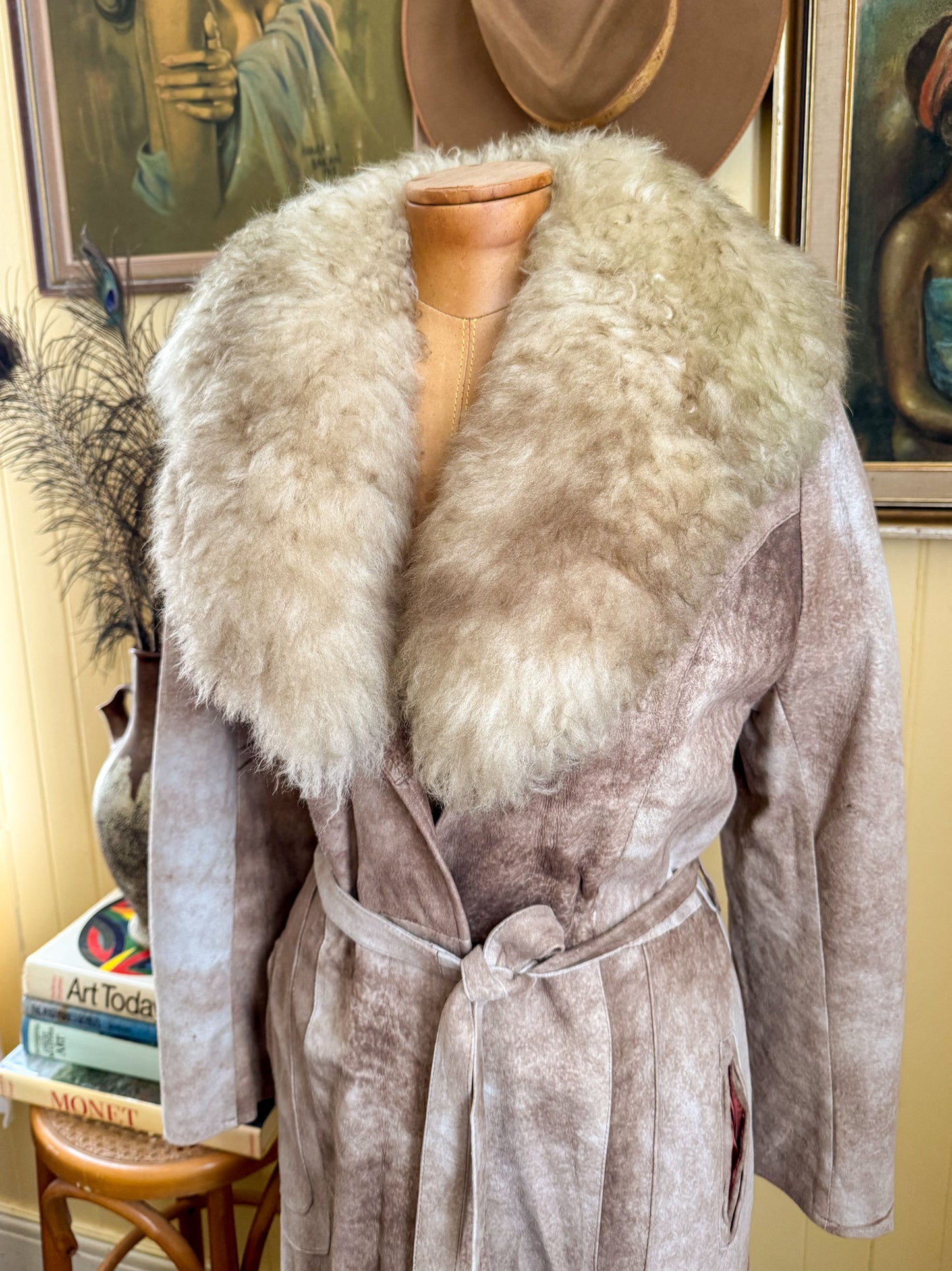 VINTAGE 1970S ENGLISH NATURAL SUEDE SHEEPSKIN LONGLINE WRAP COAT S/M