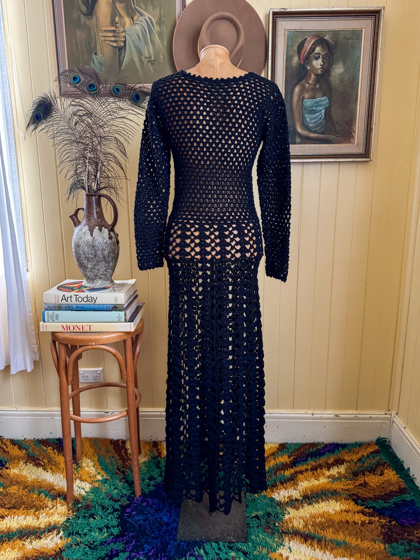 VINTAGE 1970S COTTON CROCHET OPEN WEAVE MAXI DRESS XS