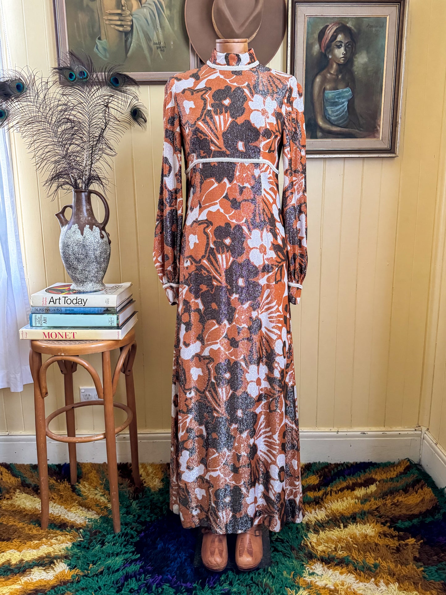 VINTAGE 1960S LUREX PSYCHEDELIC FLORAL PRINT MAXI DRESS S/M
