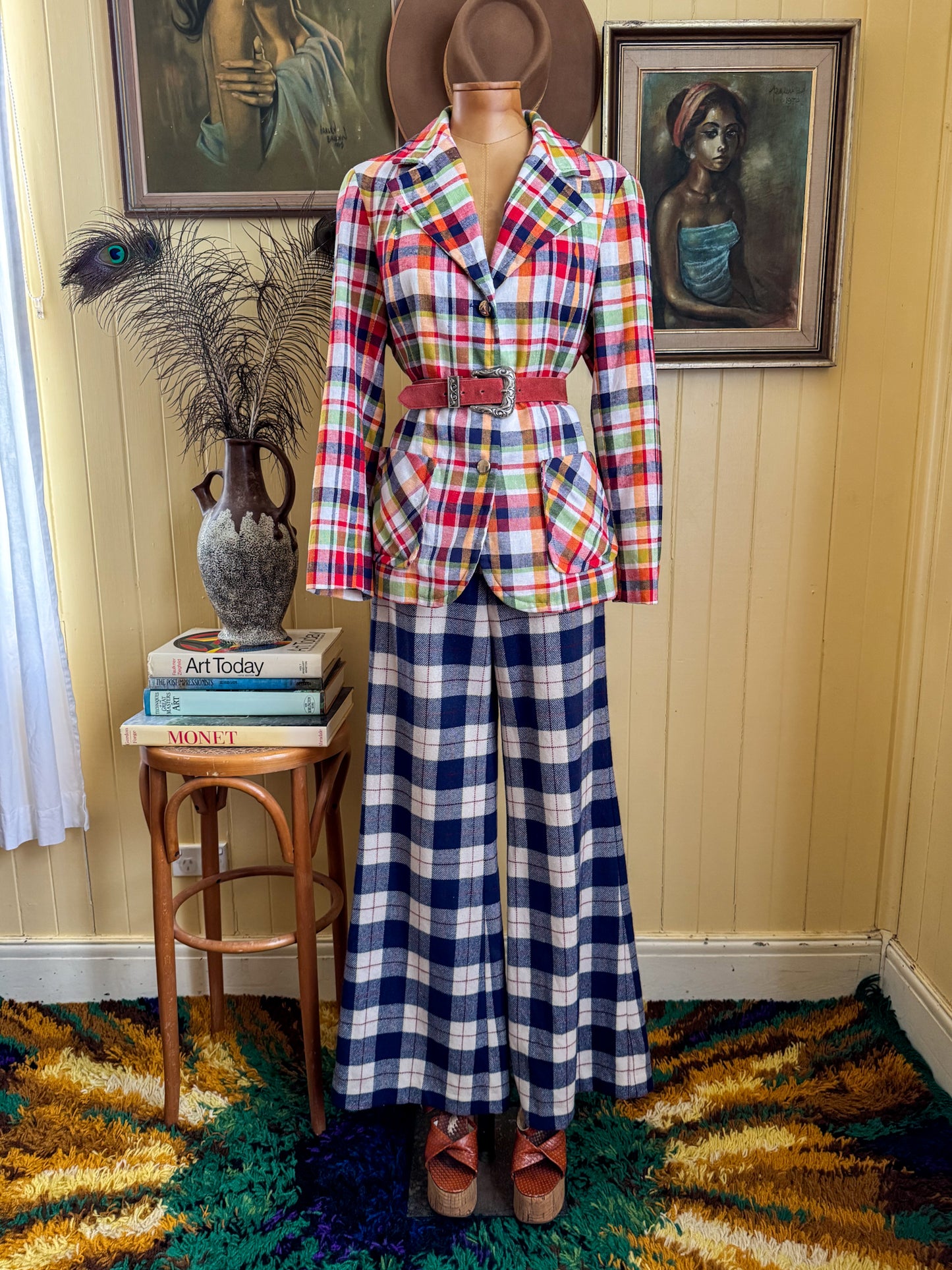 VINTAGE 1970S SPORTSCRAFT PURE WOOL PLAID WIDE LEG FLARED PANTS S/M