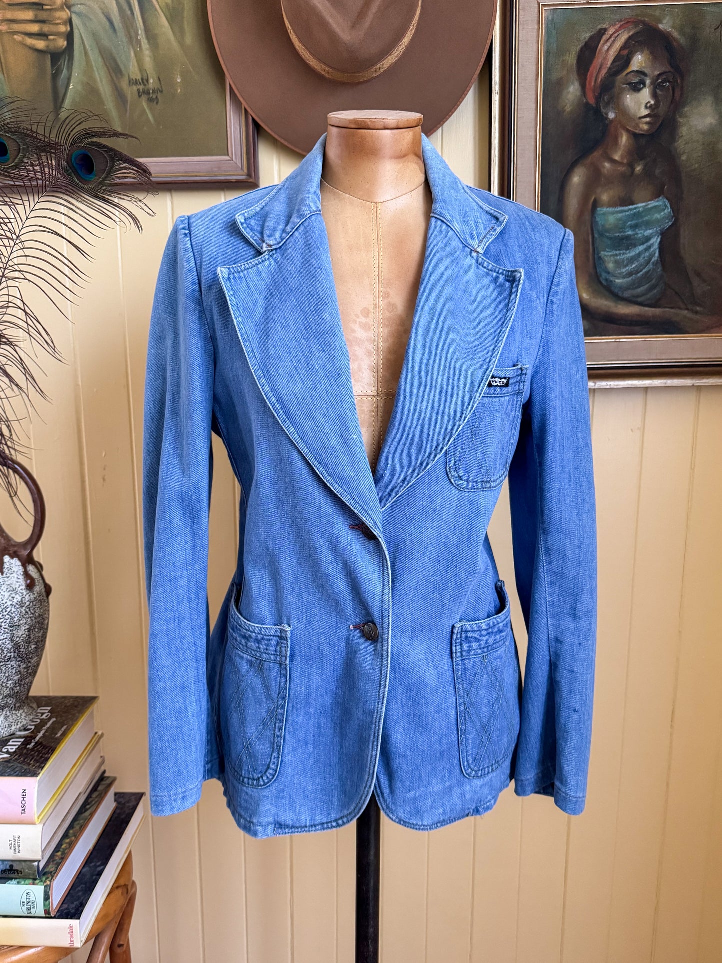 VINTAGE 1970S WALCO COTTON DENIM FITTED BLAZER JACKET S/M