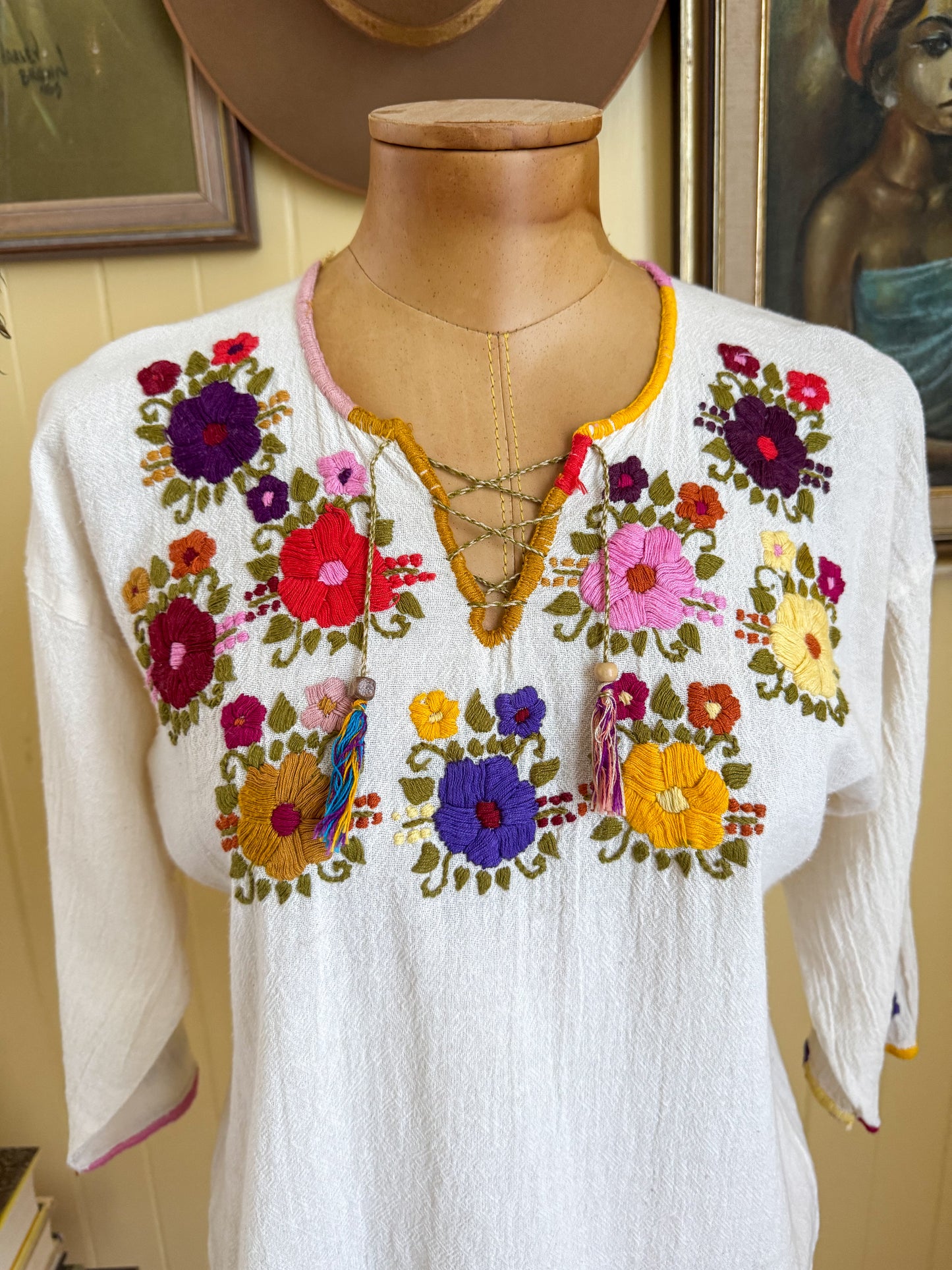 VINTAGE MEXICAN COTTON EMBROIDERED LONG SLEEVE FOLK BLOUSE S