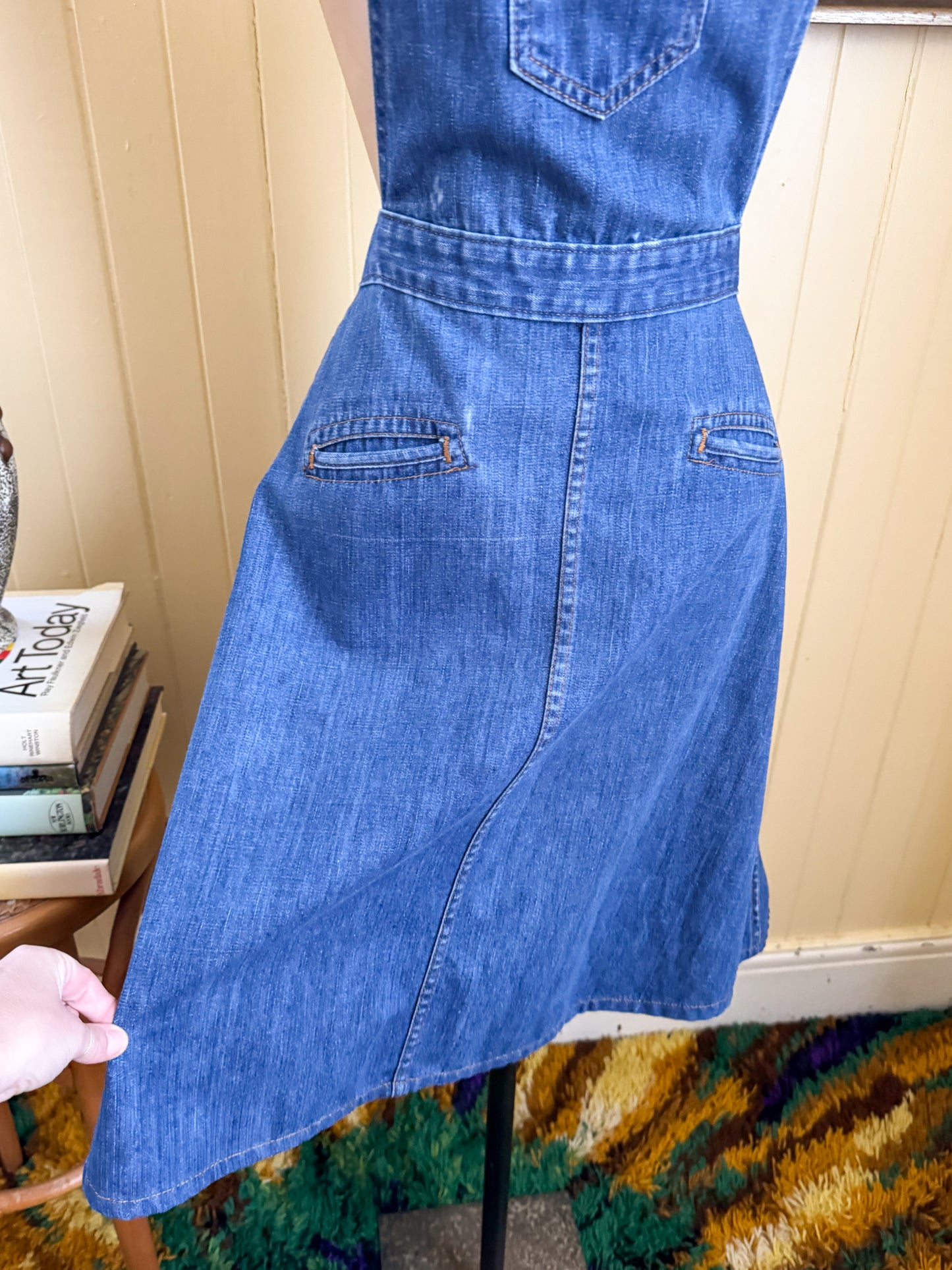 VINTAGE 1970S LANDLUBBER DENIM SUSPENDER PINAFORE DRESS XS/S